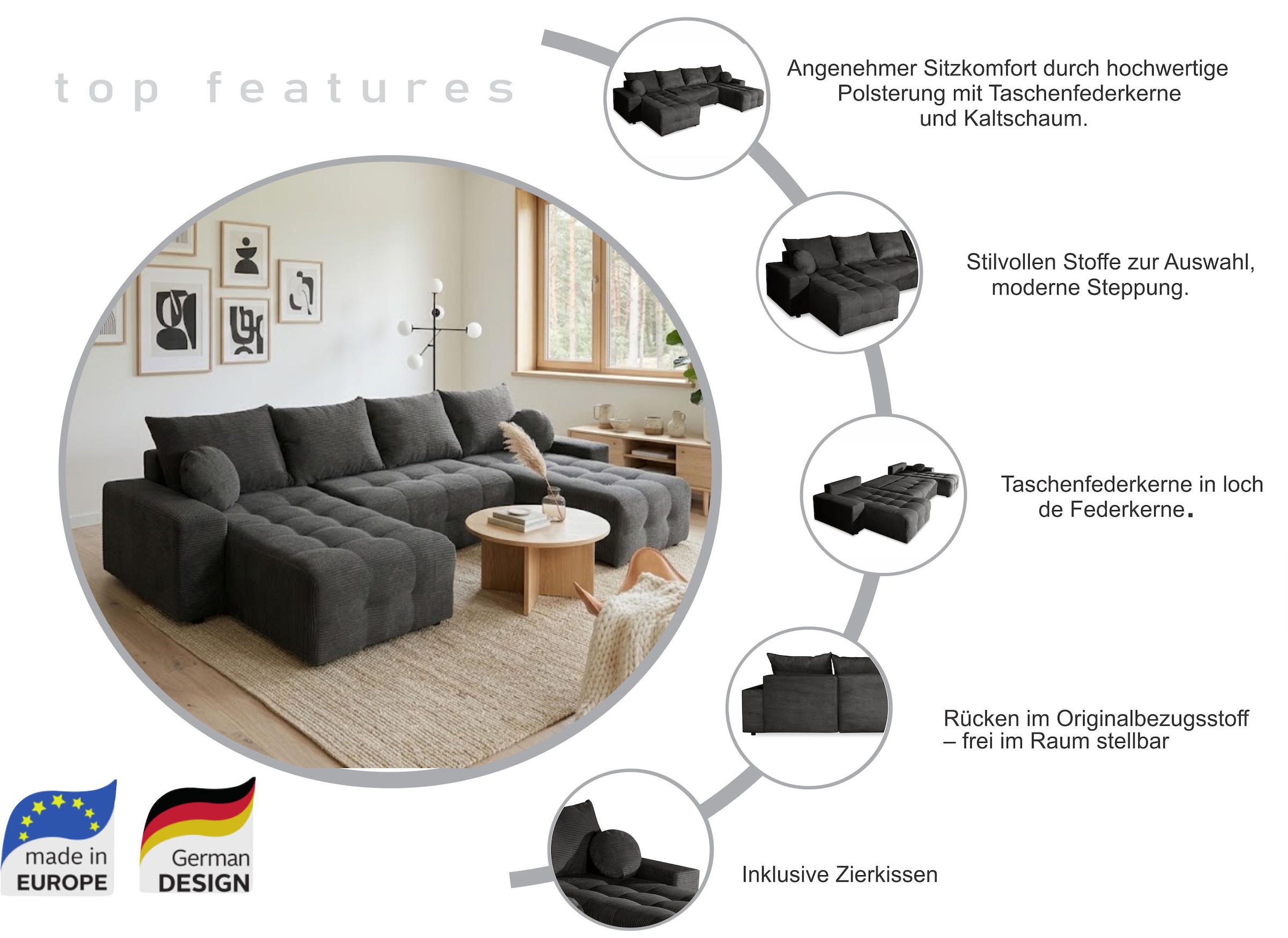 OTTO home Wohnlandschaft »Jessy U-Form, B: 313 cm, in Cord & weiteren Bezügen« Schlaffunktion, Bettkasten, Tonnentaschenfederkern-Polsterung