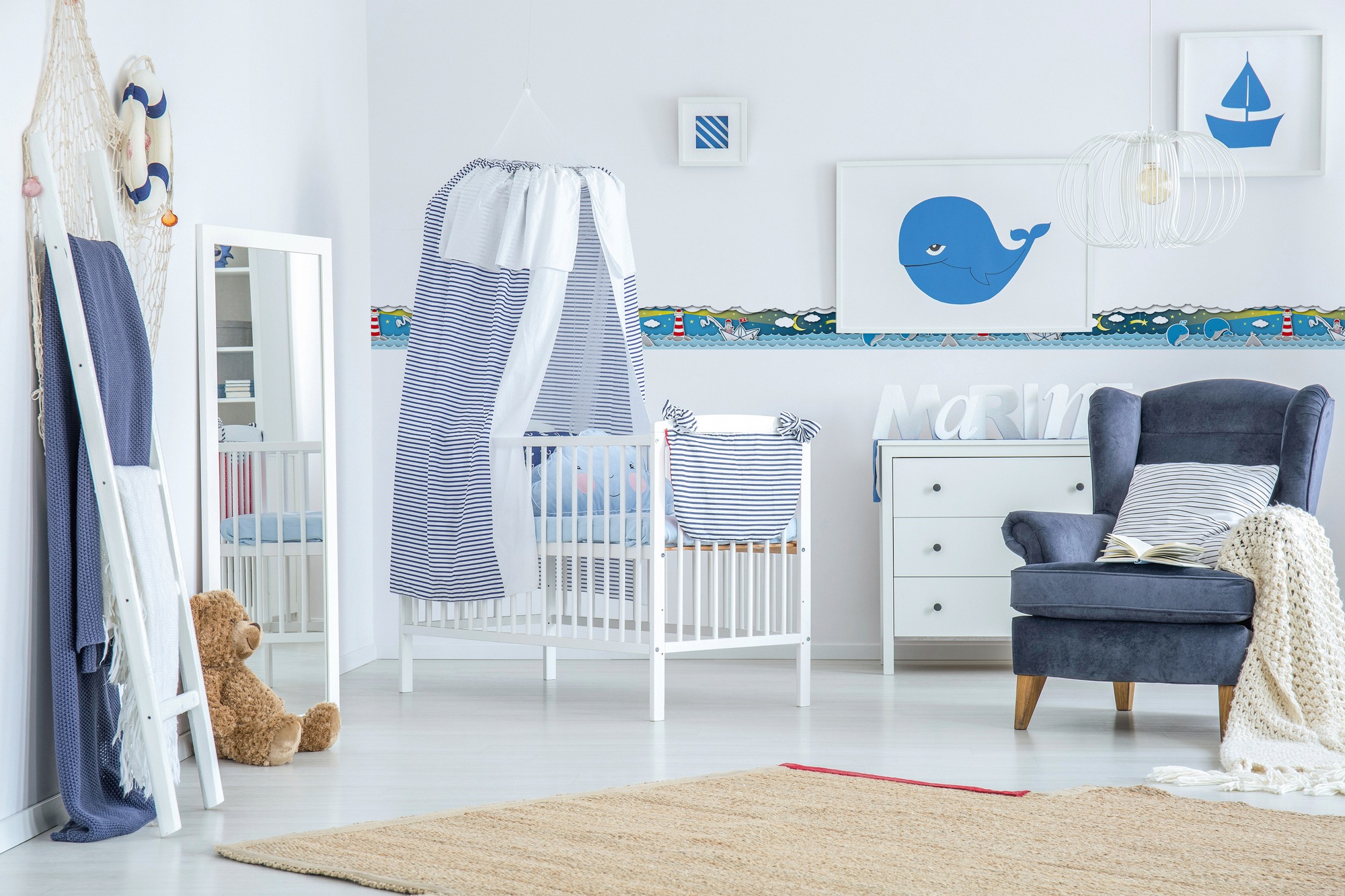 A.S. Création Bordüre »Fishing Captain«, Kinderzimmertapete Tapete Grau Blau Weiß für Baby- und Kinderzimme