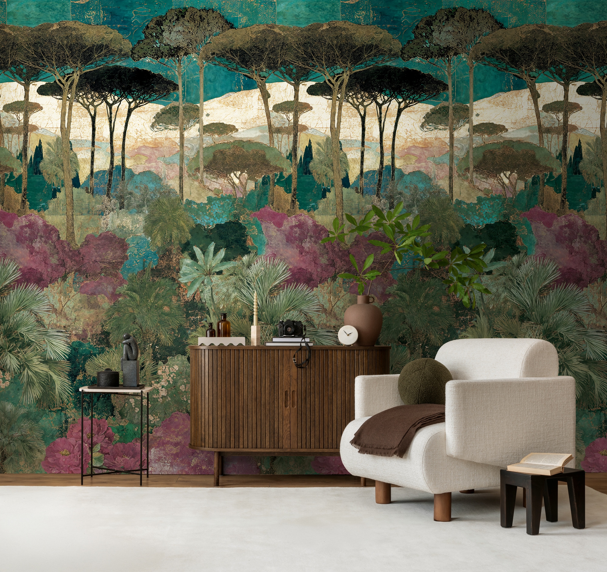 living walls Fototapete "The Wall 4 Flowers – Atmosphärischer Wald Vlies-Fototapete" Motiv matt naturalistisch leicht strukturiert Atmosphärischer Wald mit atmosphärischer Tiefe