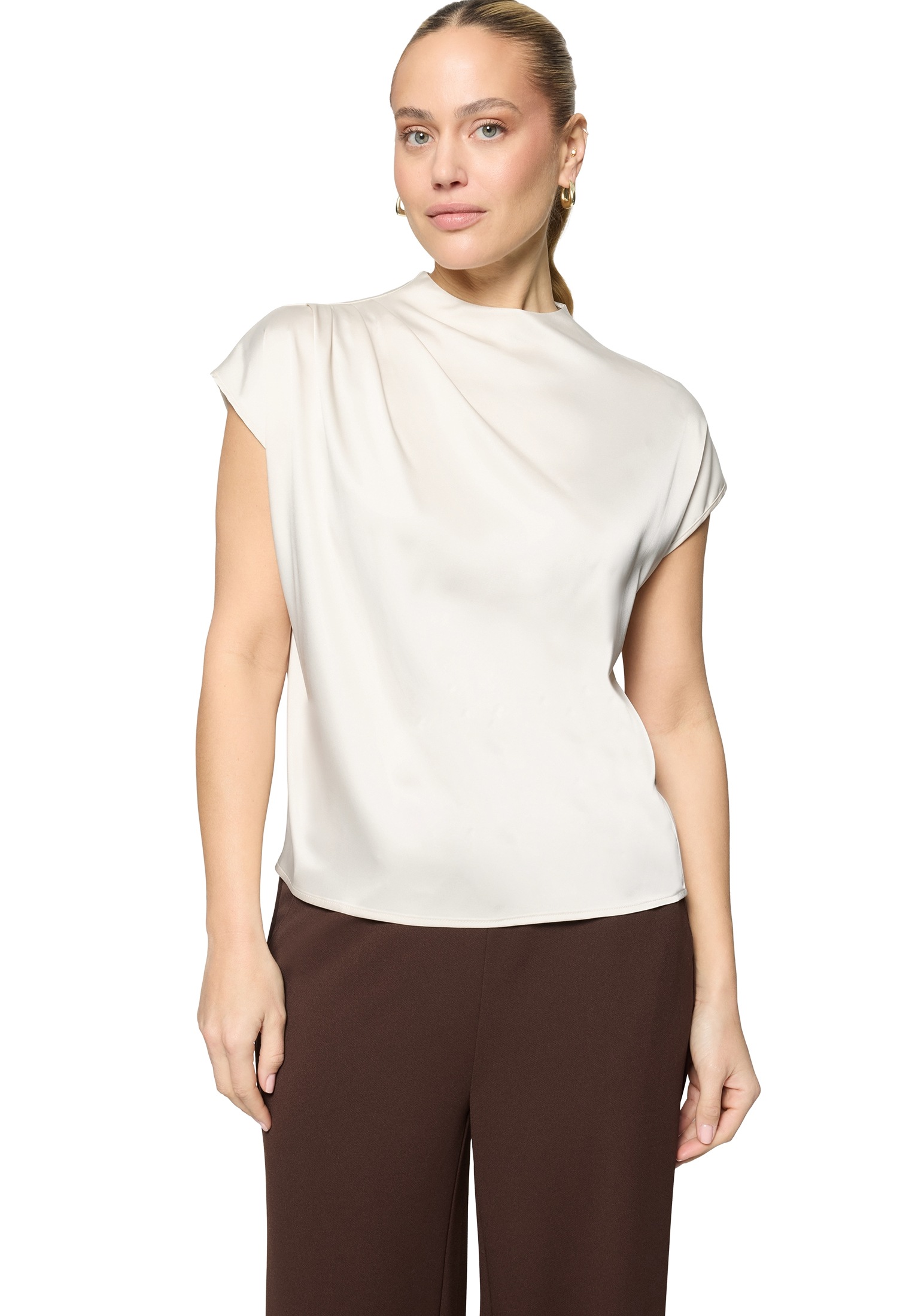 Satinbluse ZERO "Damen mit Kragen", Damen, Gr. 44, eggnog, Satin, Obermaterial: 96% Polyester, 4% Elasthan, glänzend, figurbetont normal, eng, Blusen