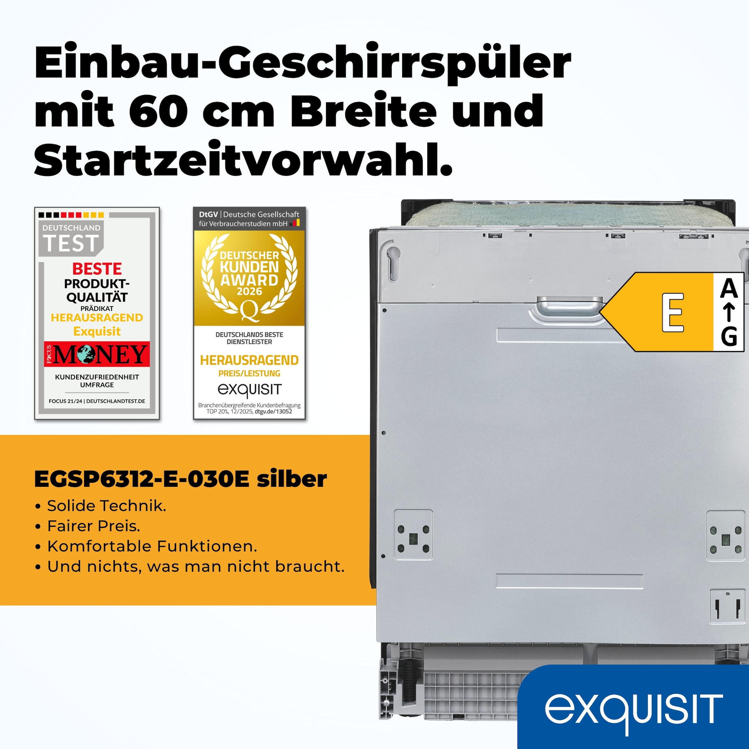 exquisit vollintegrierbarer Geschirrspüler 6312 »EGSP6312-E-030E silber« 11 l 12 tlg. Maßgedecke 12 Maßgedecke & flüsterleise 49 dB – stark und angenehm ruhig