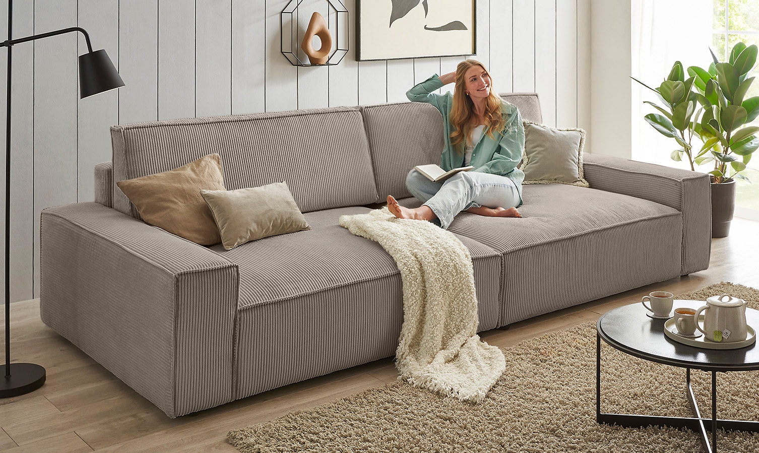 OTTO home Big-Sofa »SHERWOOD XXL Cord, Big-Sofa (316cm), extra tiefe Sitzfläche 95 cm« bequemer Sitzkomfort, Cord u. Leinenoptik, Kedernaht