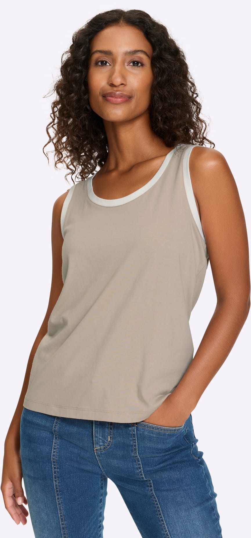 Shirttop HEINE, Damen, Gr. 34, sesam, ecru, 95% Baumwolle, 5% Elasthan, unifarben, Rundhals, Tops Shirttop