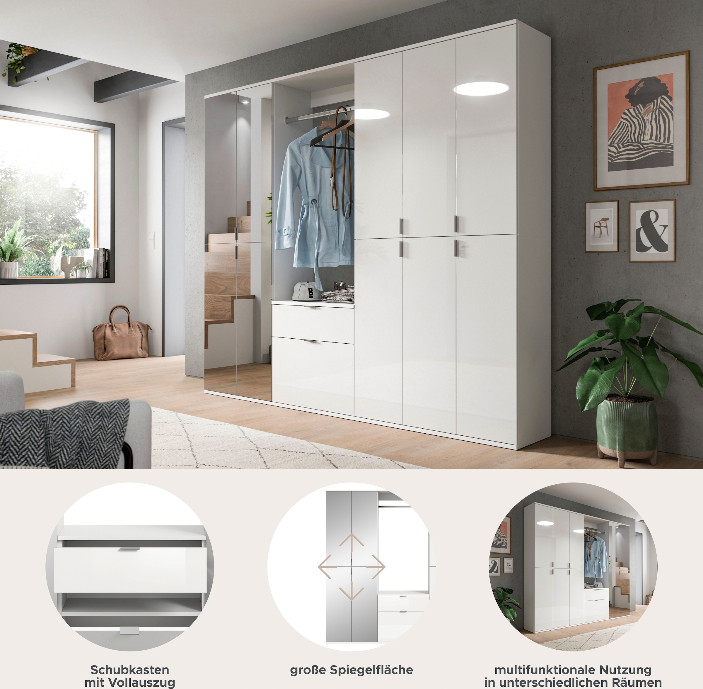INOSIGN Garderoben-Set »Trondheim, Breite 213 cm, 6-teilig, bestehend aus:«, (Set, 5 St.), 3x Garderobenschrank, 1 Kommode, 1 Garderobenstange, 1 Ablageboden