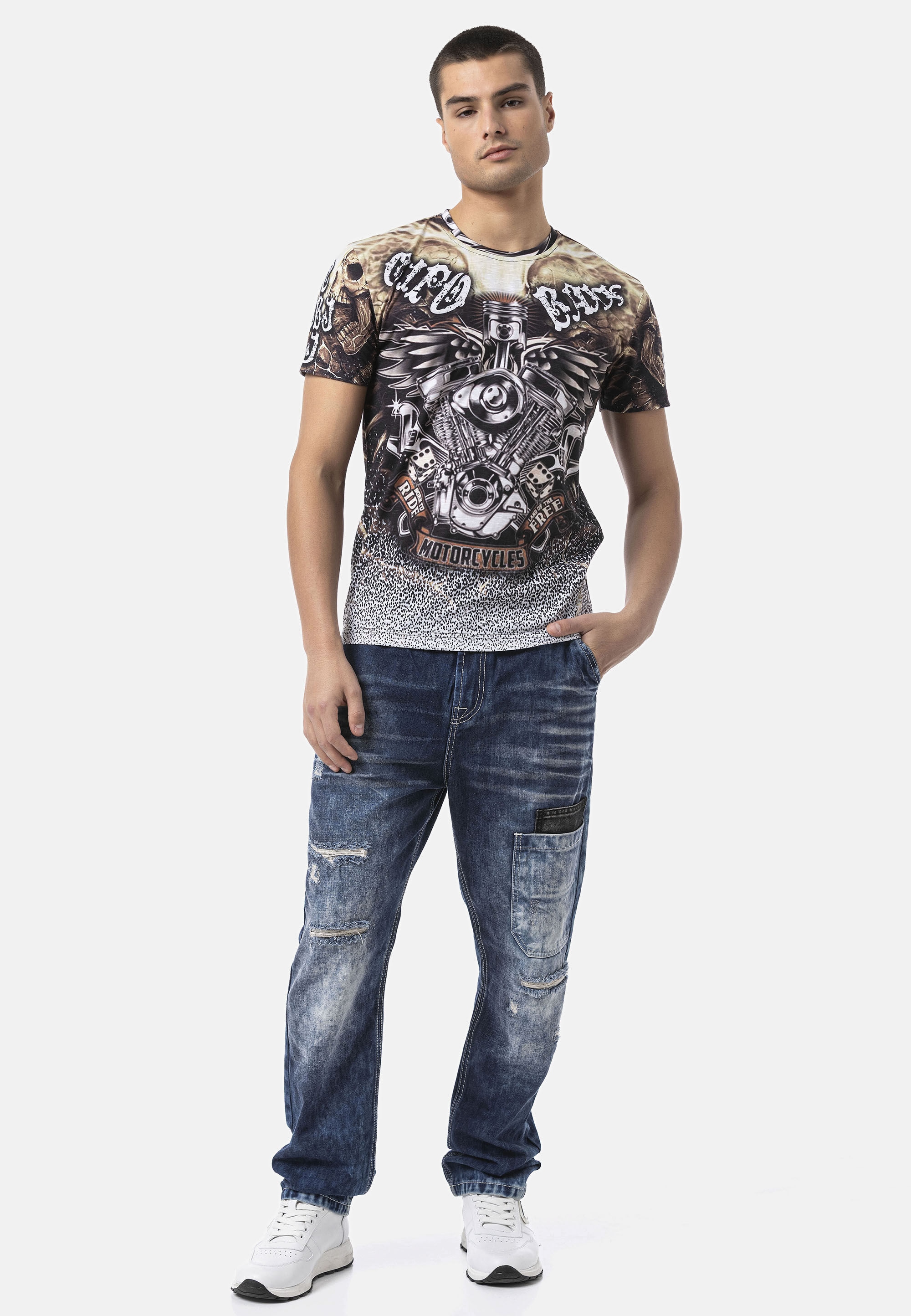 Cipo & Baxx T-Shirt »CT820« Stylischer "Motorcycles"-Schriftzug