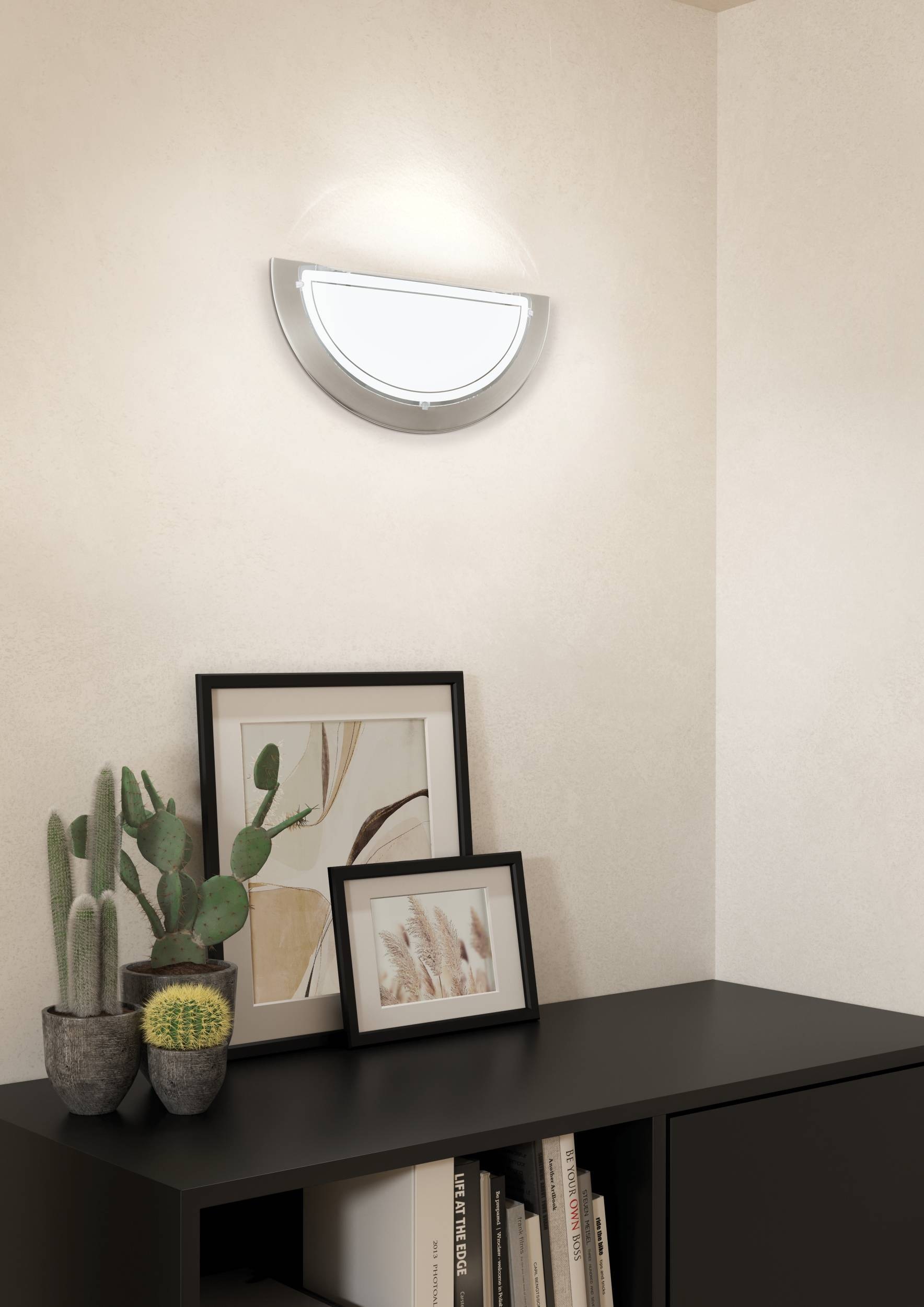 EGLO LED Wandleuchte »PLANET 1 Wandlampe, Flurlampe halbrund, Silber und Weiß«, 1 flammig, Leuchtmittel E27 | ohne Leuchtmittel, Wandleuchte, Wohnzimmerlampe in Silber und Weiß, Lampe mit E27 Fassung