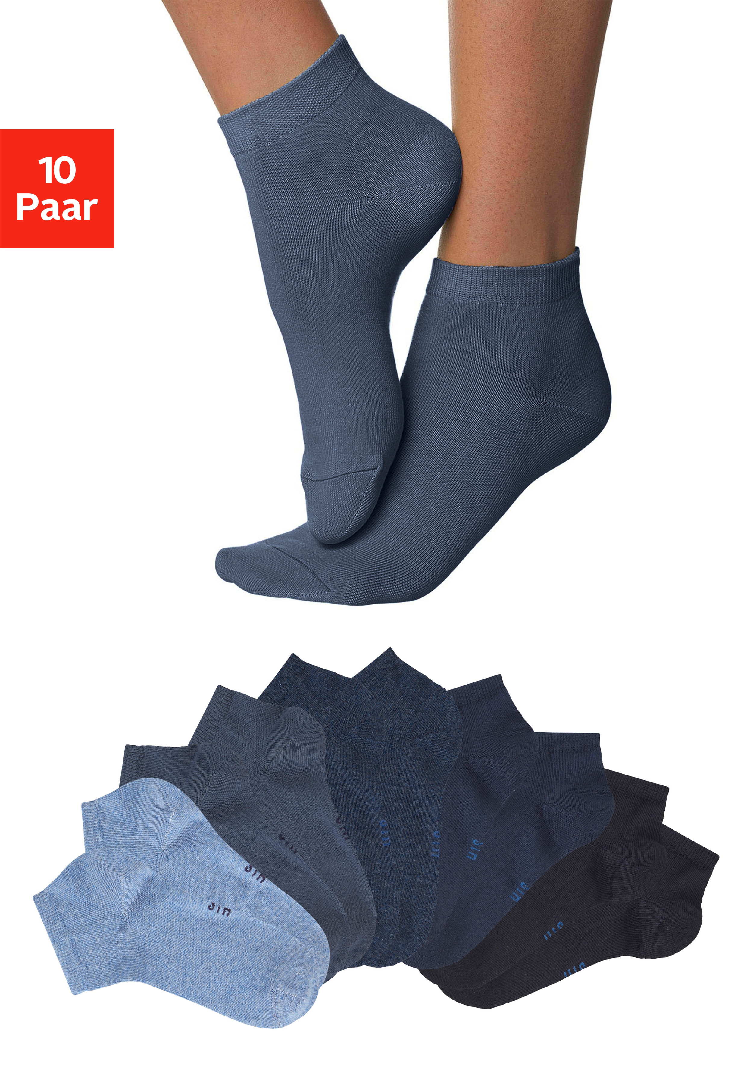H.I.S Kurzsocken "Damen Sport Basic Socken, Laufsocken ohne Frottee" Packung, Großpackung, 10 Stk. tlg. mit verstärkter Ferse und Spitze