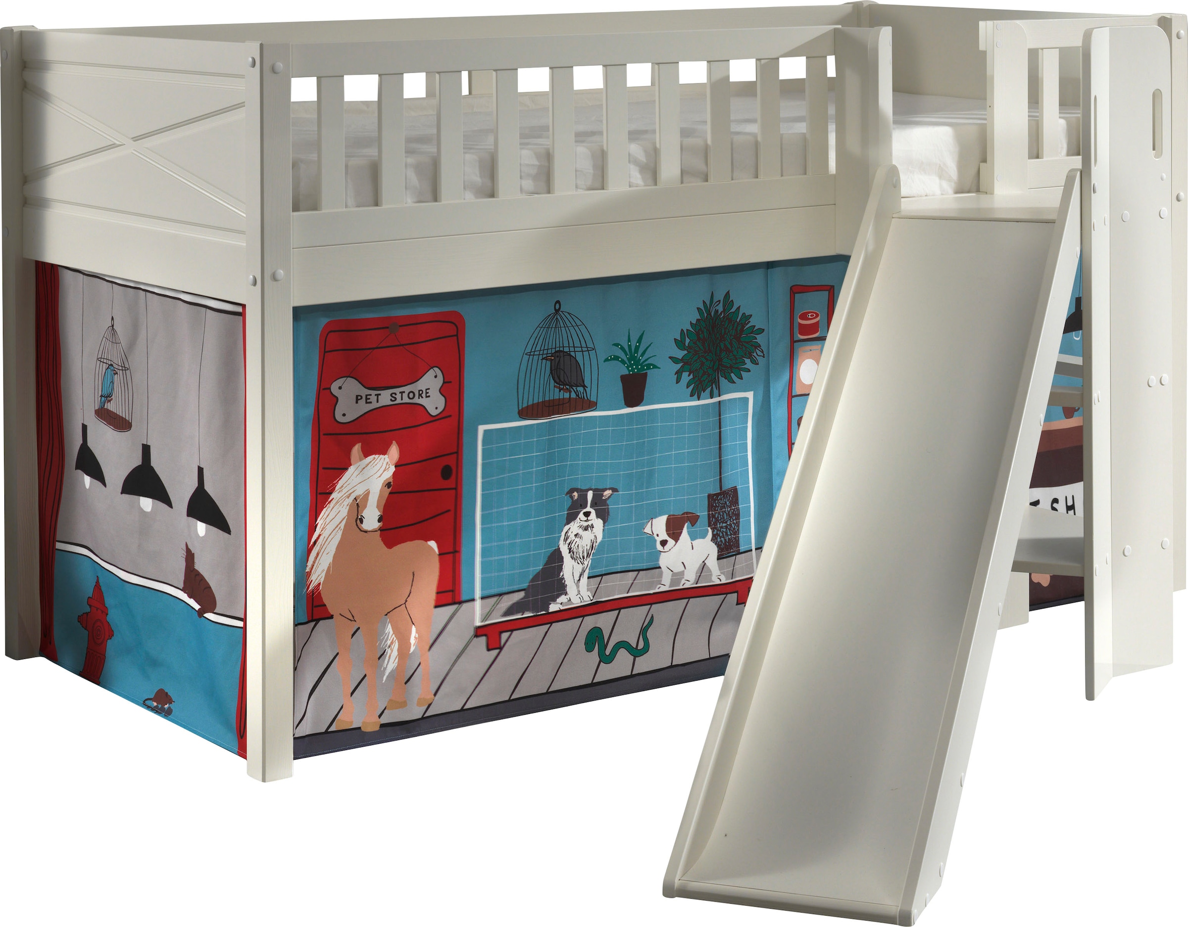 Hochbett VIPACK, B:203,7cm H:114cm L:207,6cm, weiß, 100% Polyester, Jugendzimmer, Hochbetten, "Scott", mit Rutsch-/Leiterturm, LF 90x200 cm, inkl.