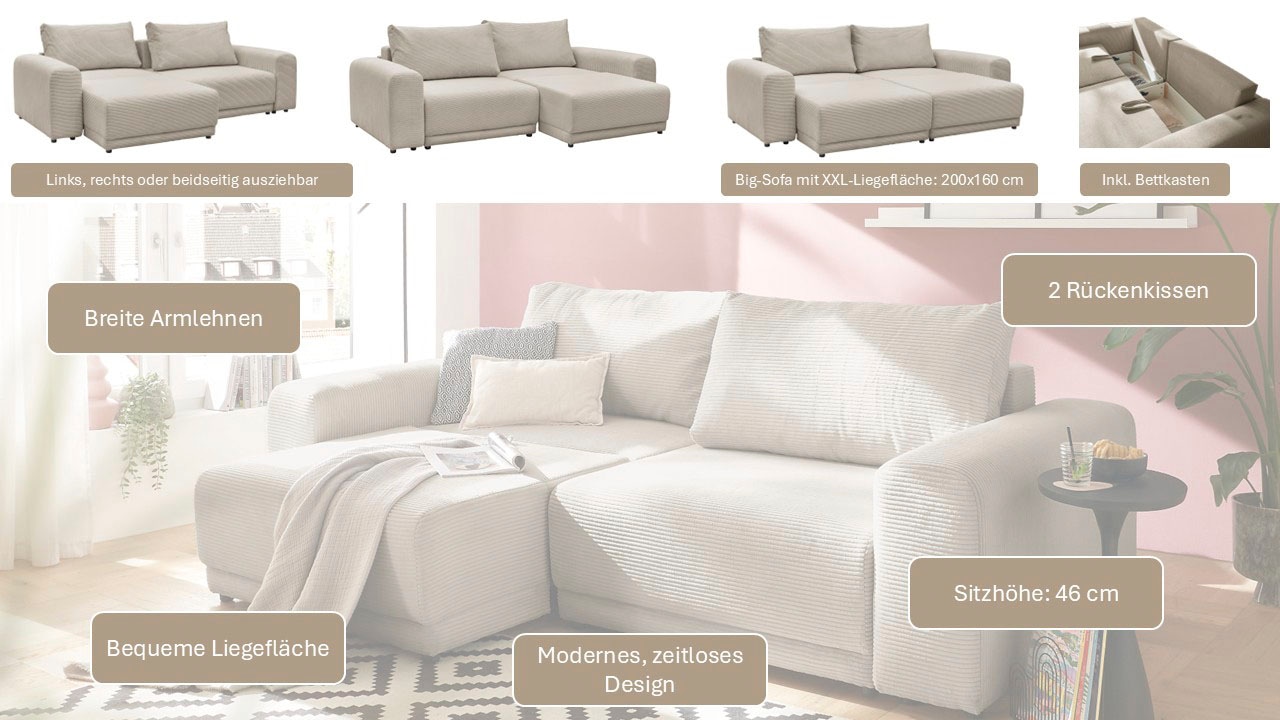 OTTO home Schlafsofa »PHEELIX Cord, mit 3 Funktionen« Elemente einzeln oder gleichzeitig ausziehbar, bequemer Sitzkomfort
