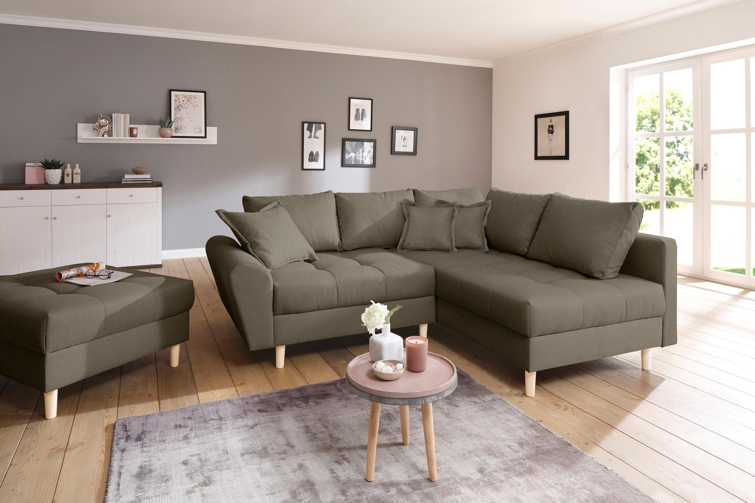 Home affaire Ecksofa »Rice L-Form«, (Set, mit Hocker), Ecksofa,Rückenkissen,ottomane beidseitig montierbar,Bonnelfederkern