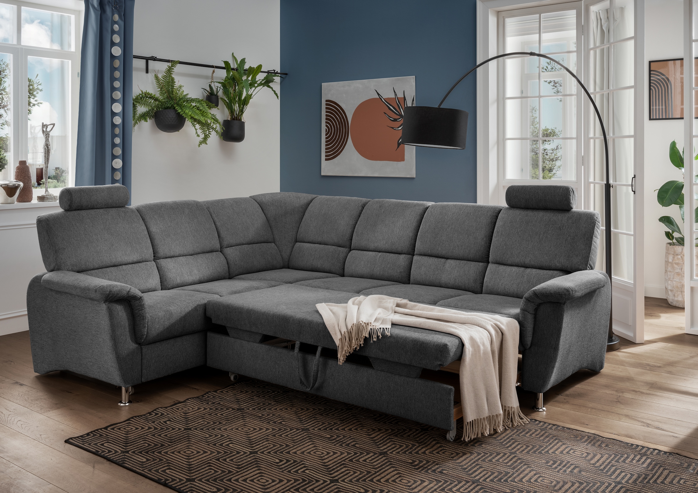 Home affaire Ecksofa »Pisa L-Form, mit Schlaffunktion, Stauraum, 2x höhenverstellbare«, Kopfstützen und Relaxfunktion im Eckelement