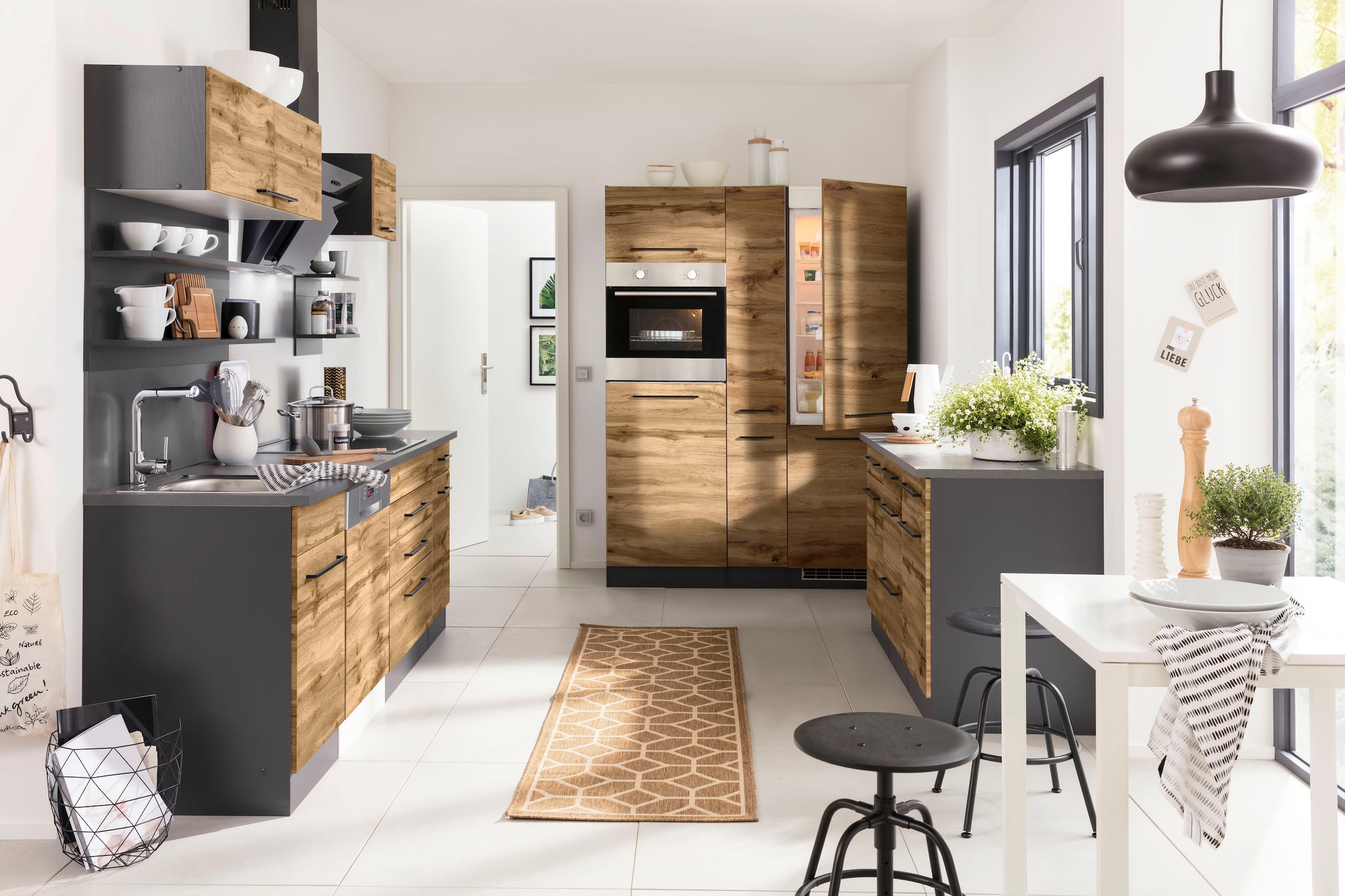 KOCHSTATION Küchenzeile »KS-Tulsa«, ohne E-Geräte, Breite 380 cm, schwarze Metallgriffe, MDF Fronten