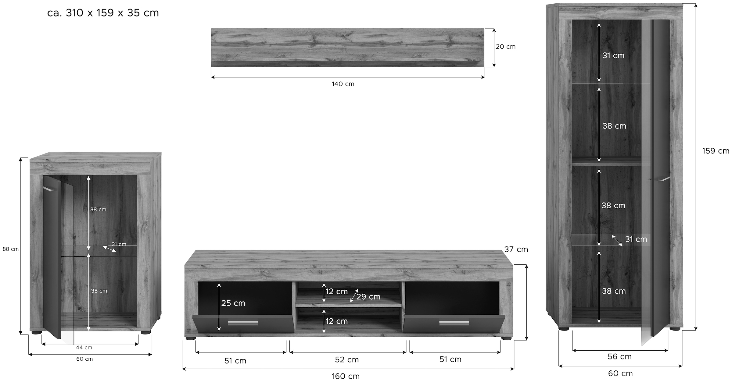 INOSIGN Wohnwand »Aosta, 4-tlg., best. aus: Vitrine, Lowboard, Wandboard & Vitrine hoch«, (4 St.), Wohnwand, Kombination, Anbauwand, Möbel Set, Schrankwand, Möbel Kombi