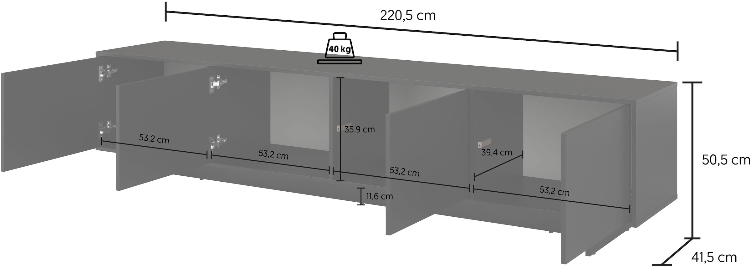 OTTO home Lowboard »Tatami, Modernes griffloses TV-Board, Breit 220,50cm, TV-Schrank« TV-Schrank, TV-Board mit viel Stauraum, push-to-open-Funktion