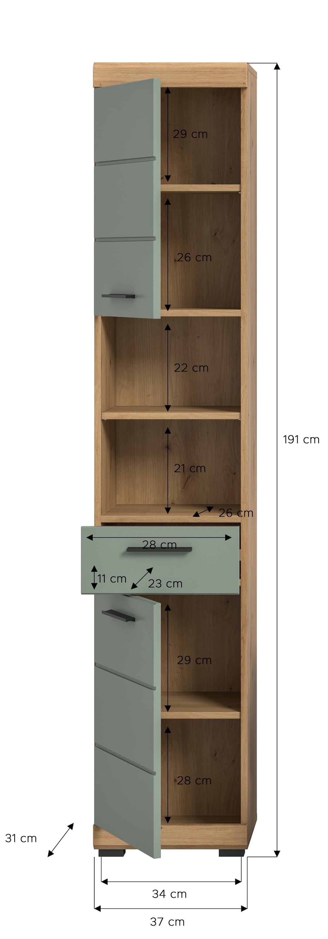 INOSIGN Hochschrank »Siena, Breite 37cm, 2 Tür, 1 Schubkasten, 2 offene Fächer, MDF-Front«, (1 St.), in verschiedenen Farben erhältlich, Badmöbel, Badschrank, Schrank, Bad