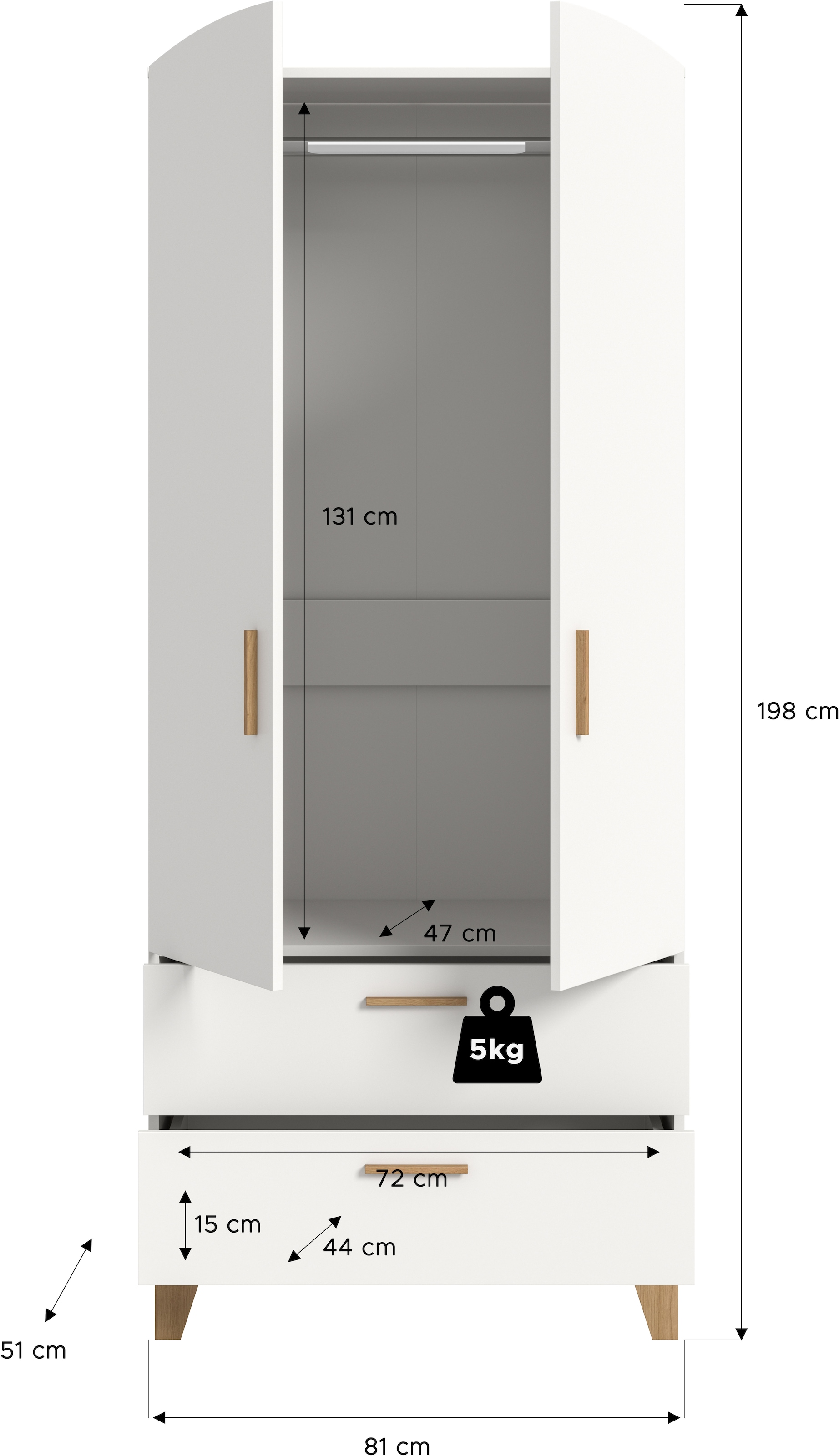 Home affaire Kleiderschrank »LASSE, Schlafzimmerschrank, Garderobe, Schrank« in verschiedenen Breiten erhältich, im Scandi-Look, 1 Stk. tlg. 2 Türen, 2 Schubkästen, 1 Konstruktionsboden, 1 Kleiderstange