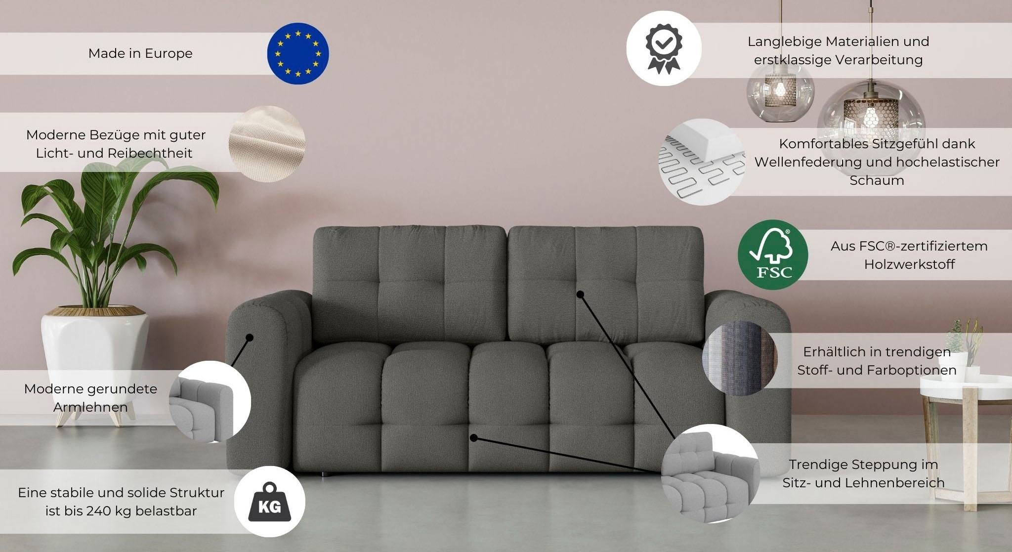 INOSIGN 2-Sitzer »Manilla, trendige Steppung, 2 Rückenkissen, B/T/H 195/107/91 cm« mit Wellenunterfederung, in verschiedenen Materialien und Farben