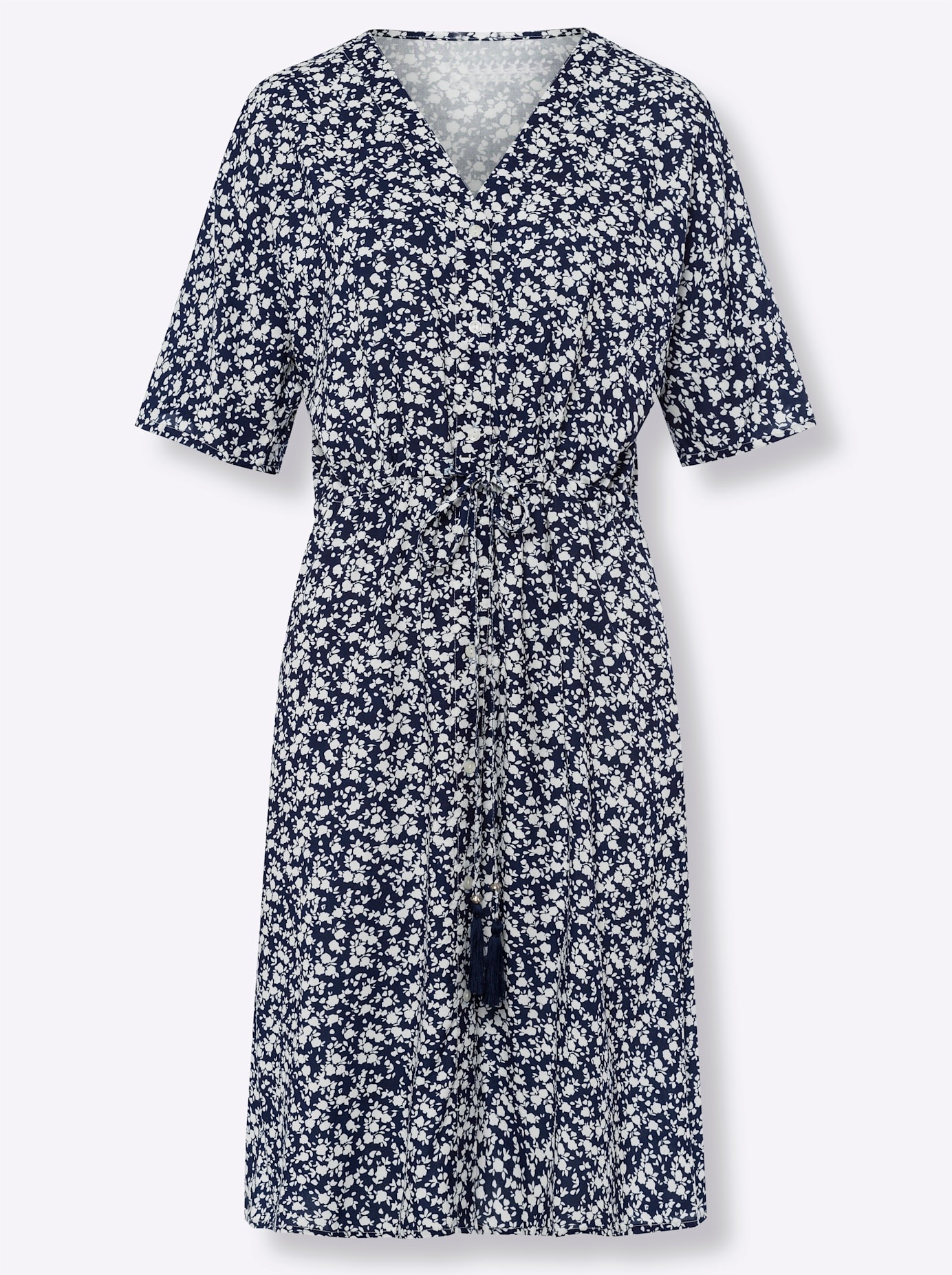 Druckkleid HEINE "Druck-Kleid", Damen, Gr. 44, Normalgrößen, blau (marine, ecru, bedruckt), 100% Viskose, bedruckt, geblümt, gemustert, mehrfarbig, kurz, V-Ausschnitt, Kleider Druckkleid 3
