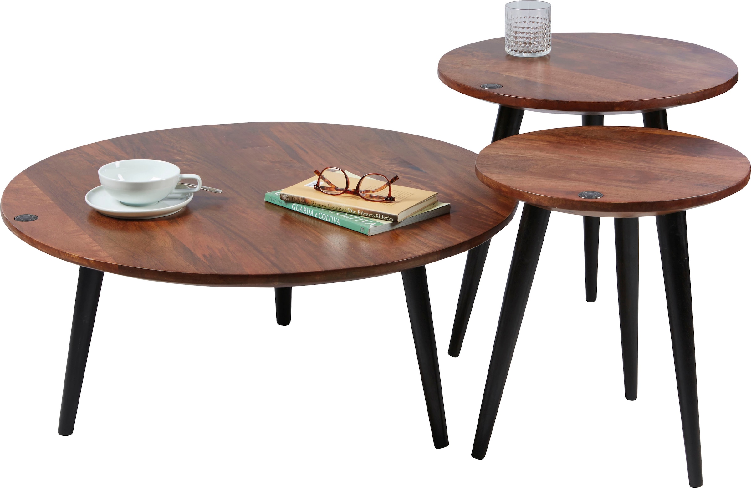 TOM TAILOR HOME Couchtisch »T-WOOD TABLE LARGE«, Beistelltisch mit Knopfdetail, dunkles Mangoholz und schwarze Beine