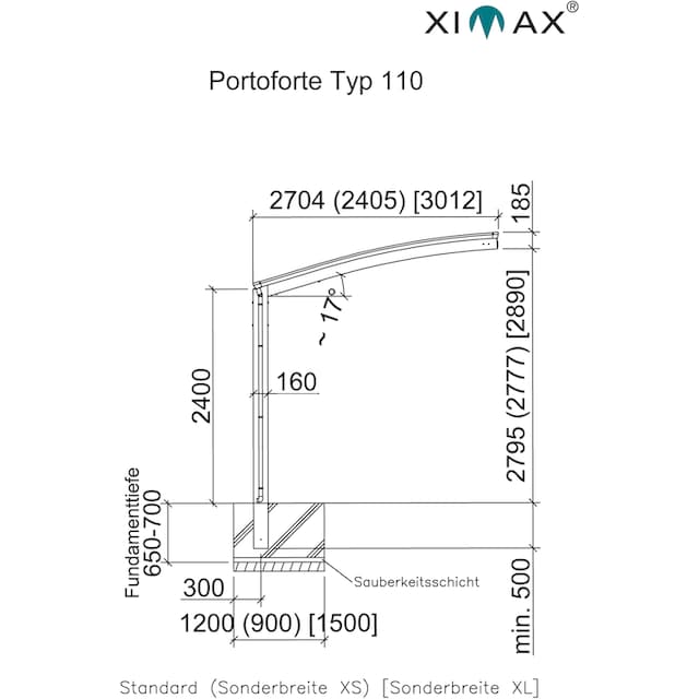 Ximax Einzelcarport »Portoforte Typ 110 Sonderlänge/Breite XL«, Aluminium,  285 cm, edelstahlfarben, Aluminium, Edelstahl-Look günstig | BAUR