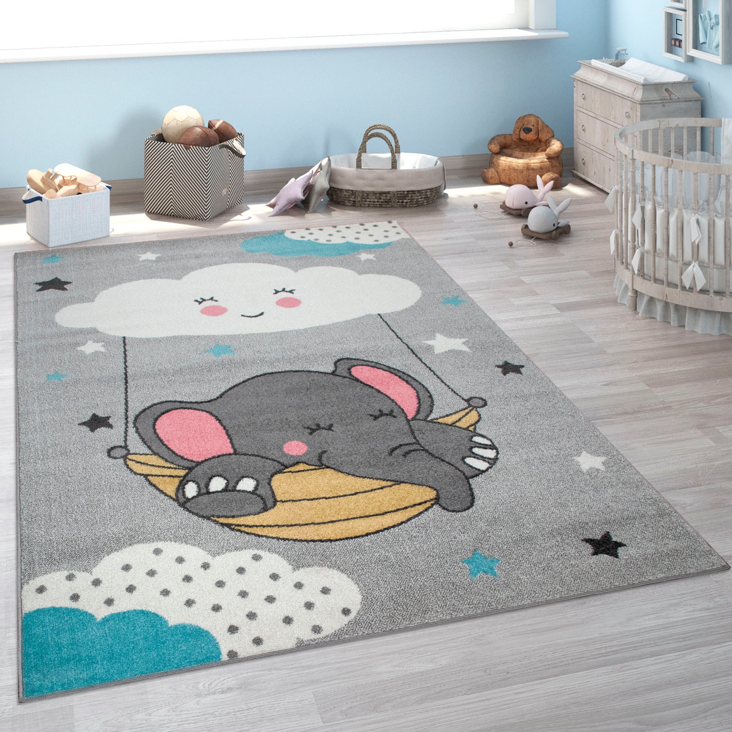 Paco Home Kinderteppich »Nino 881«, rechteckig, 13 mm Höhe, Spielteppich, Kurzflor, Motiv Wolke, Sterne & Elefant, Kinderzimmer