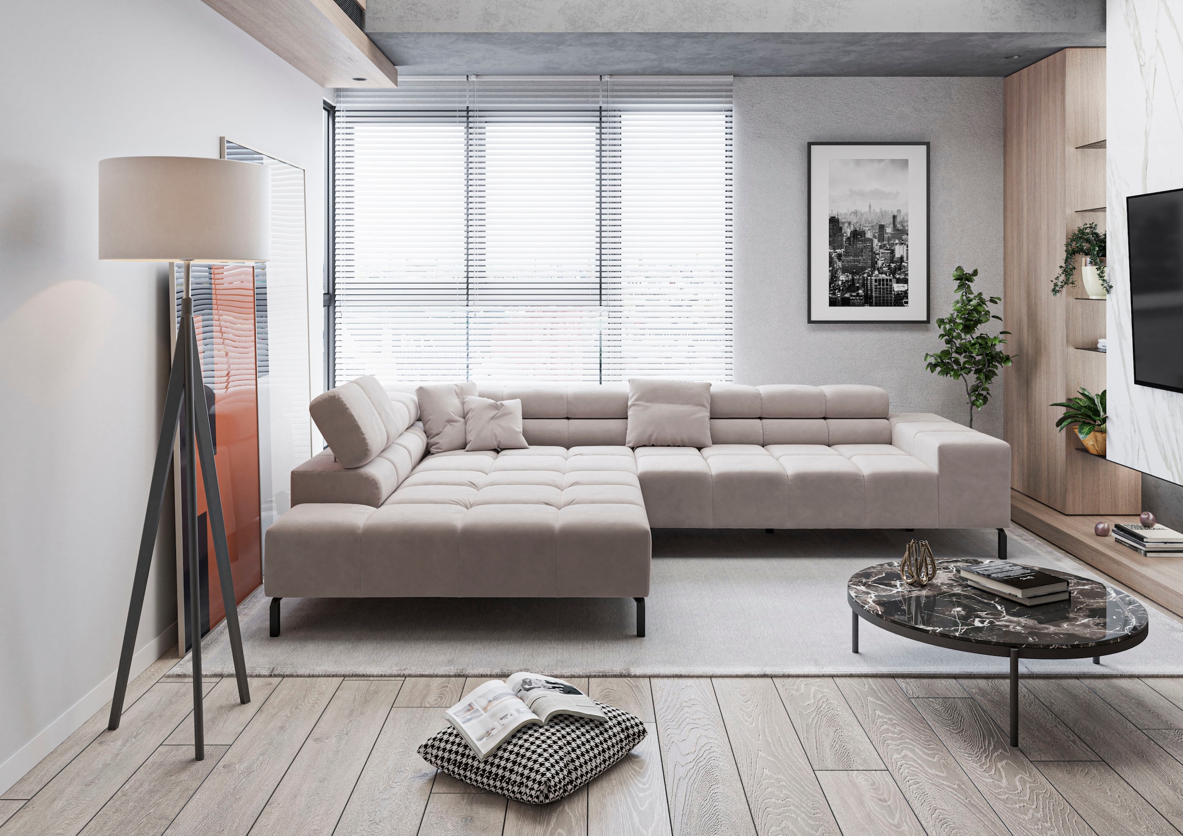 Home affaire Ecksofa "Ancona New, wahlweise motorische Sitztiefenverstellung, auch in Cord" feine Steppung, mit Kopfteilverstellung, 3 Zierkissen, L-Form
