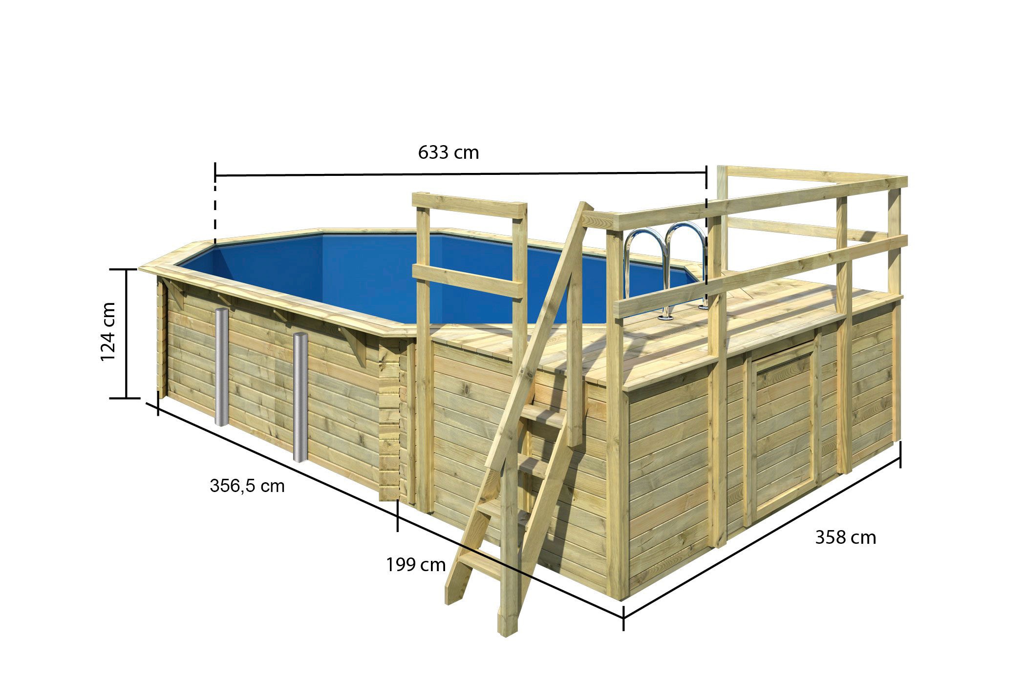 Karibu Achteckpool »PALMA Set D BxLxH: 358x569x124 cm, mit Sonnendeck und 2 Eck-Terrassen«, (Set, 9 tlg.), 38 mm starke Holzbohlen aus Fichtenholz