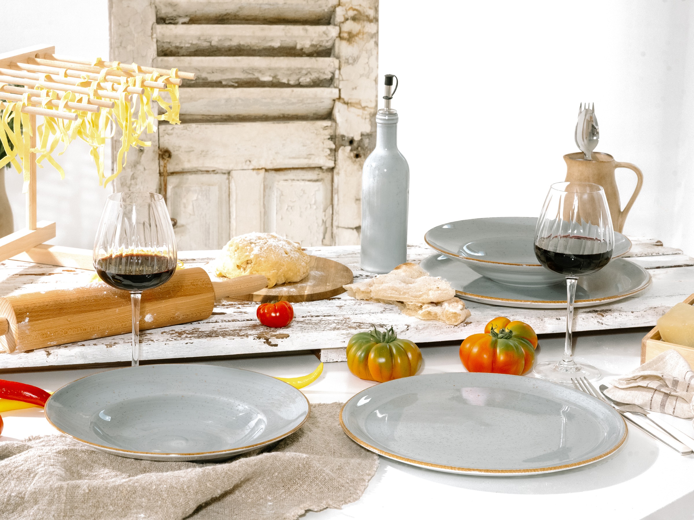 CreaTable Pizzateller »Vintage Nature, Pizzateller 33 cm 4-tlg«, (Set, 4 St.), Handgemalt, Gesprenkelt, Rustikales Außenband
