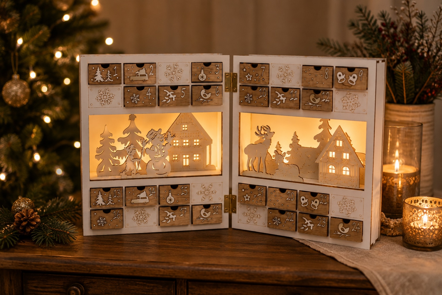 OTTO home befüllbarer Adventskalender »mit LED-Beleuchtung« für Erwachsene Mit Beleuchtung und 6h-Timer, winterliche Motive, Höhe 22 cm