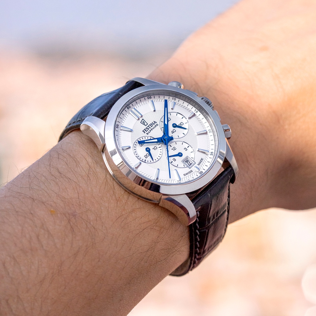 Festina Chronograph »Chrono« Quarzuhr, Armbanduhr, Herrenuhr, Swiss Made, Lederarmband, analog, Tag