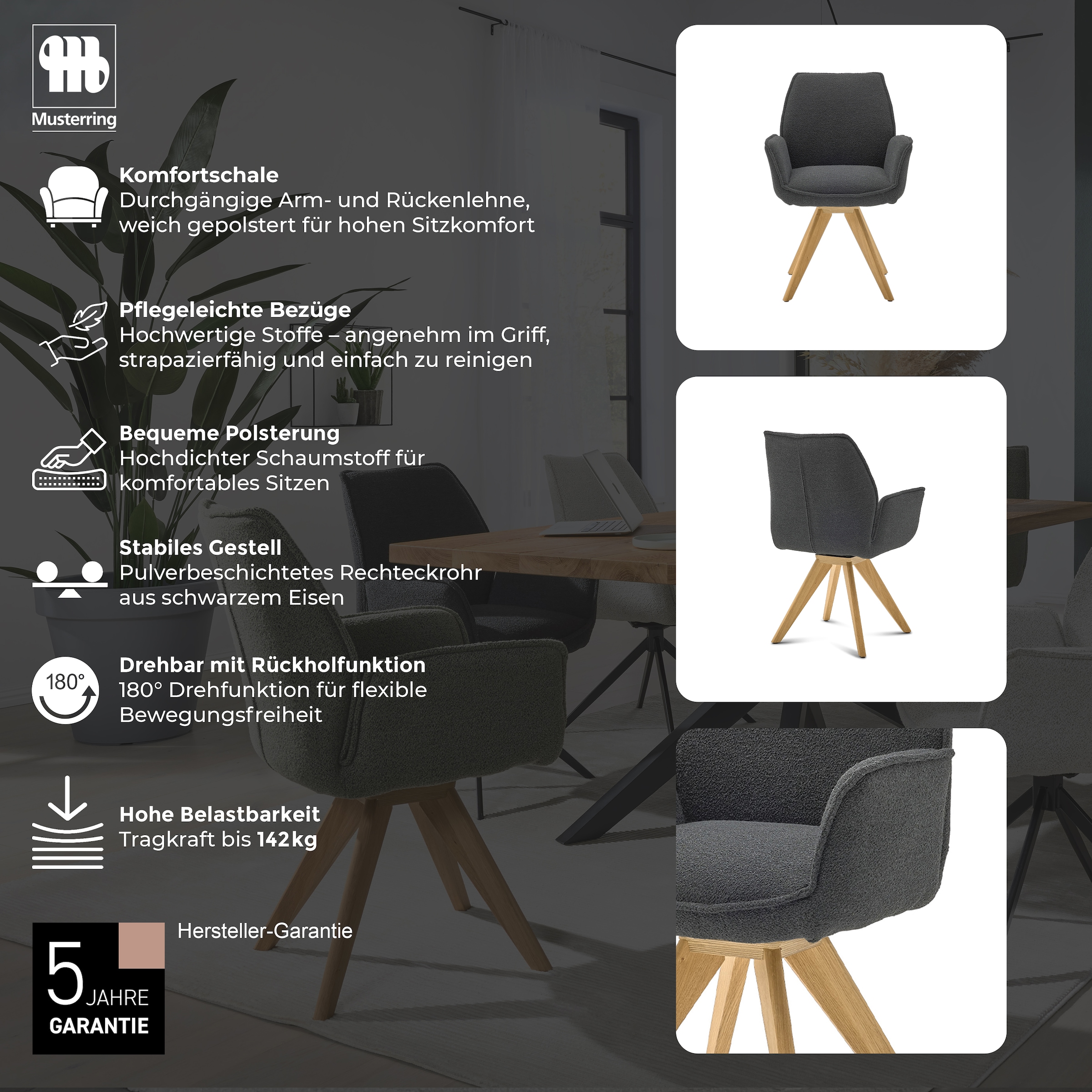 Musterring Esszimmerstuhl »Tiama« (Set) 2 Stk.Stativgestell Eiche massiv, 180° drehbar, Stoff Cord oder Bouclé