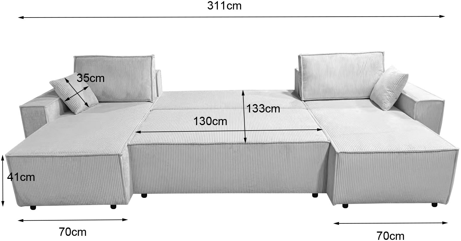 OTTO home Wohnlandschaft »CASSI, 311 cm, U-Form, Schlafsofa, Dauerschläfer, Boxspringfederung«, Schlaffunktion (133/270cm), Bettkasten, Seitentaschen, Cord-Bezug