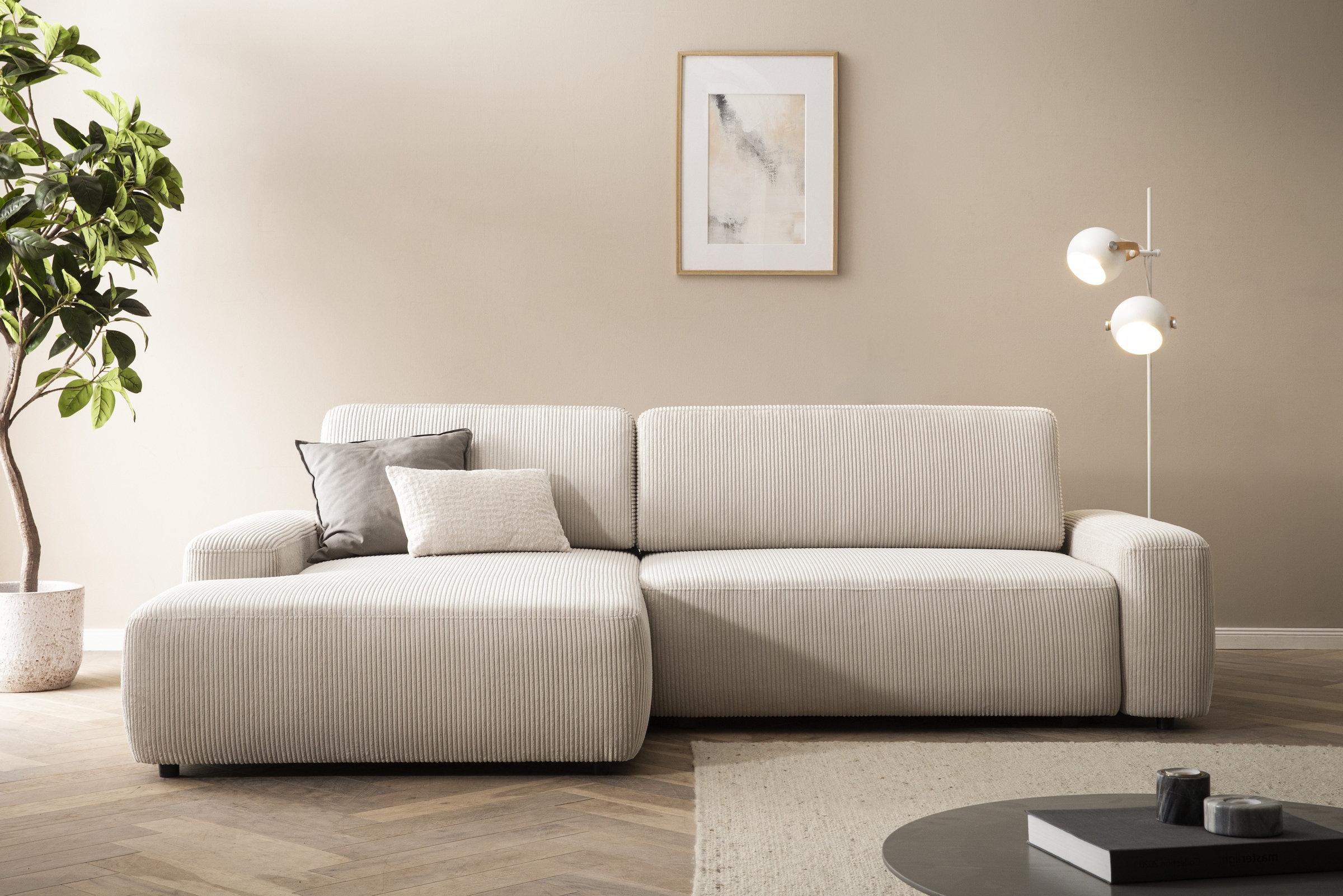 INOSIGN Ecksofa »TORGE (264cm), Schlafsofa in Cord, Samtvelours o Struktur fein, L-Form«, Schlaffunktion, Bettkasten, Liegefläche: 125/210 cm
