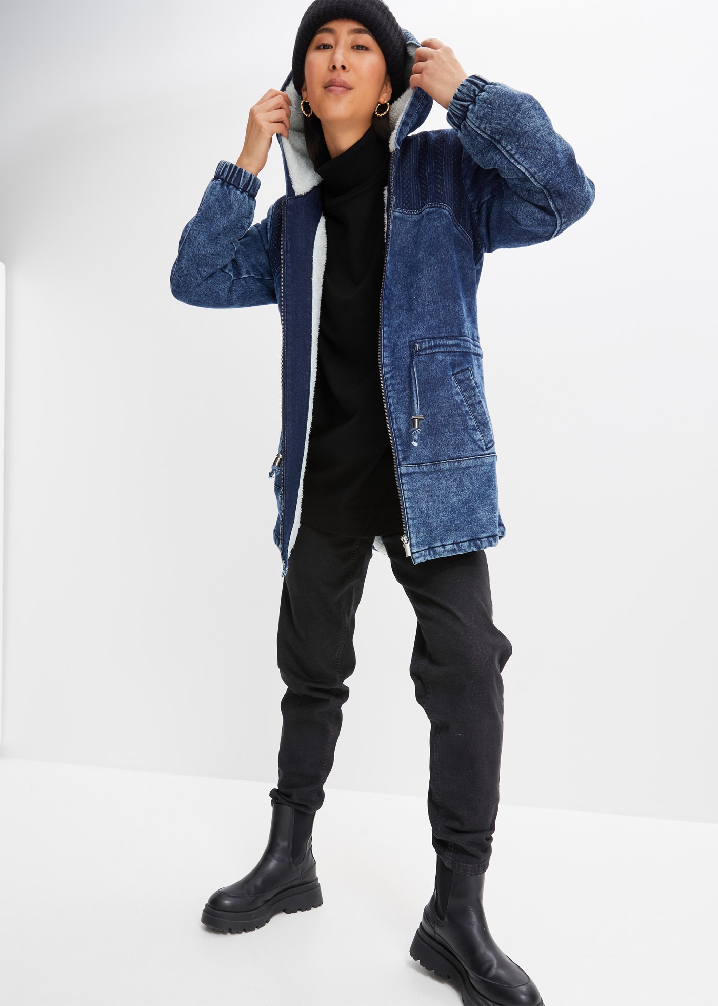 Thumbnail - bonprix Parka mit Kapuze lässiger Jeans-Look, mit flauschigem Teddyfell-Futter, mit Kapuze