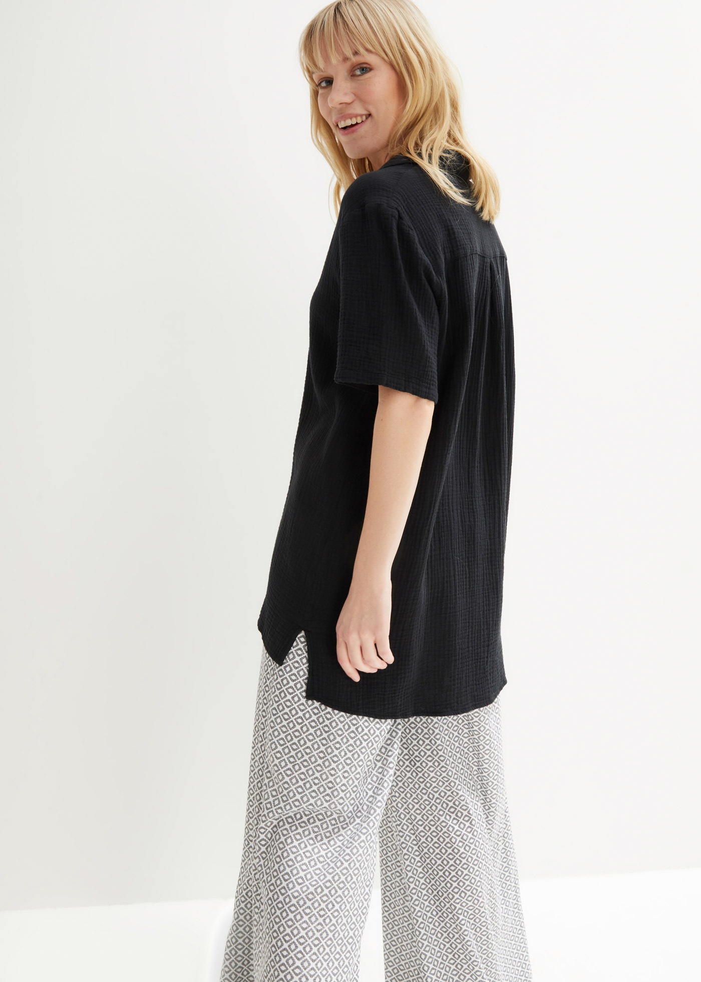 bonprix Hemdbluse weite Passform, mit halbarm, aus Baumwolle, verlängerter günstig online kaufen