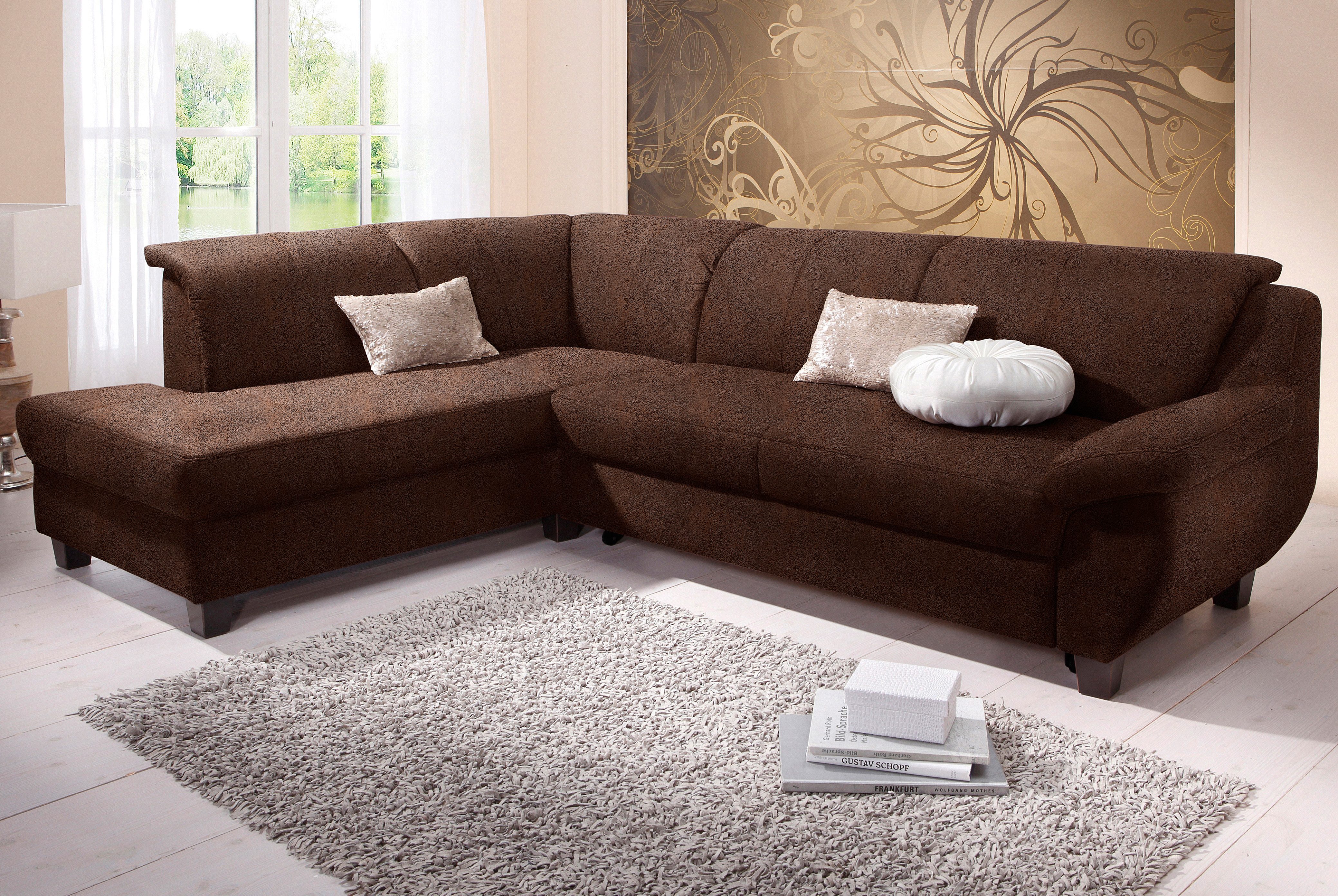 Home affaire Ecksofa "Yesterday zeitlos und elegant, bequeme Armlehnen, L-Form" Microfaser MELROSE, mocca
