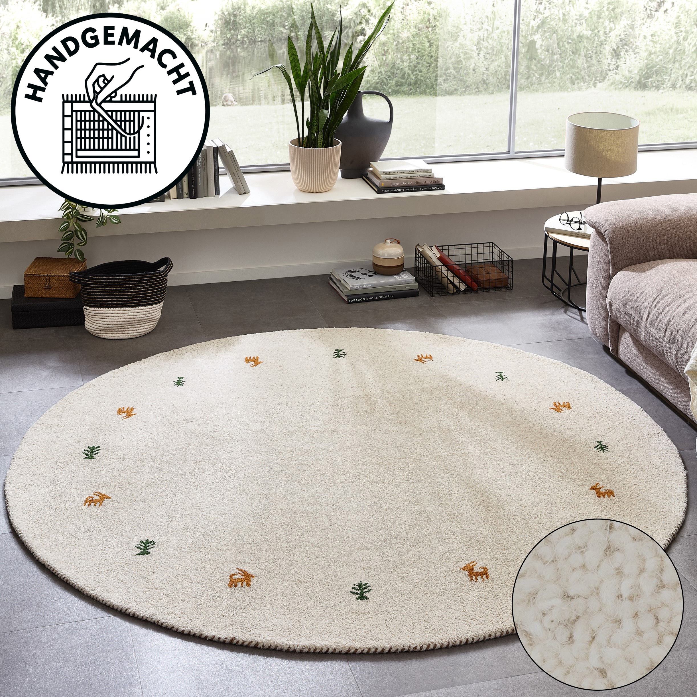 THEKO Wollteppich "Gabbeh Motiv, Handgefertigt, Teppich, Tiermotiv, reine Wolle" rund 14 mm Höhe reine Wolle, Wohnzimmer, Schlafzimmer, Esszimmer