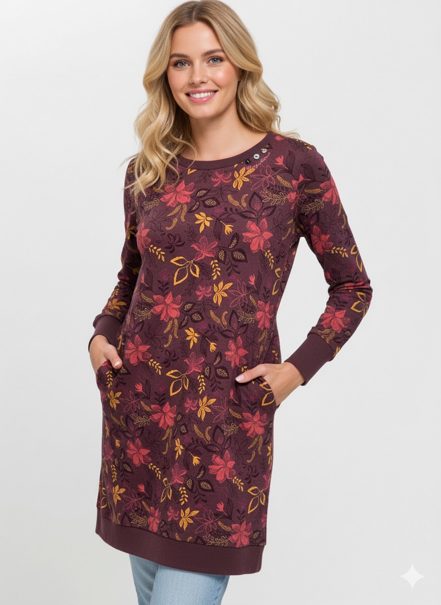Ragwear Sweatkleid "MENITA FLOWERS O" Eingrifftaschen mit kurzer Passform, aus Baumwolle und Polyester