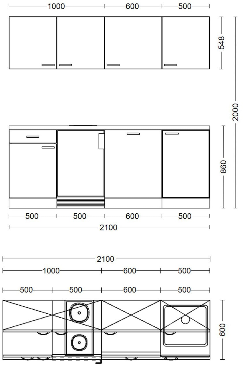 Flex-Well Küchenzeile »Florenz, Breite 210 cm, inkl. Geschirrspüler«, Officeküche, wahlweise mit 2 Plattenkochfeld und/oder Mikrowelle