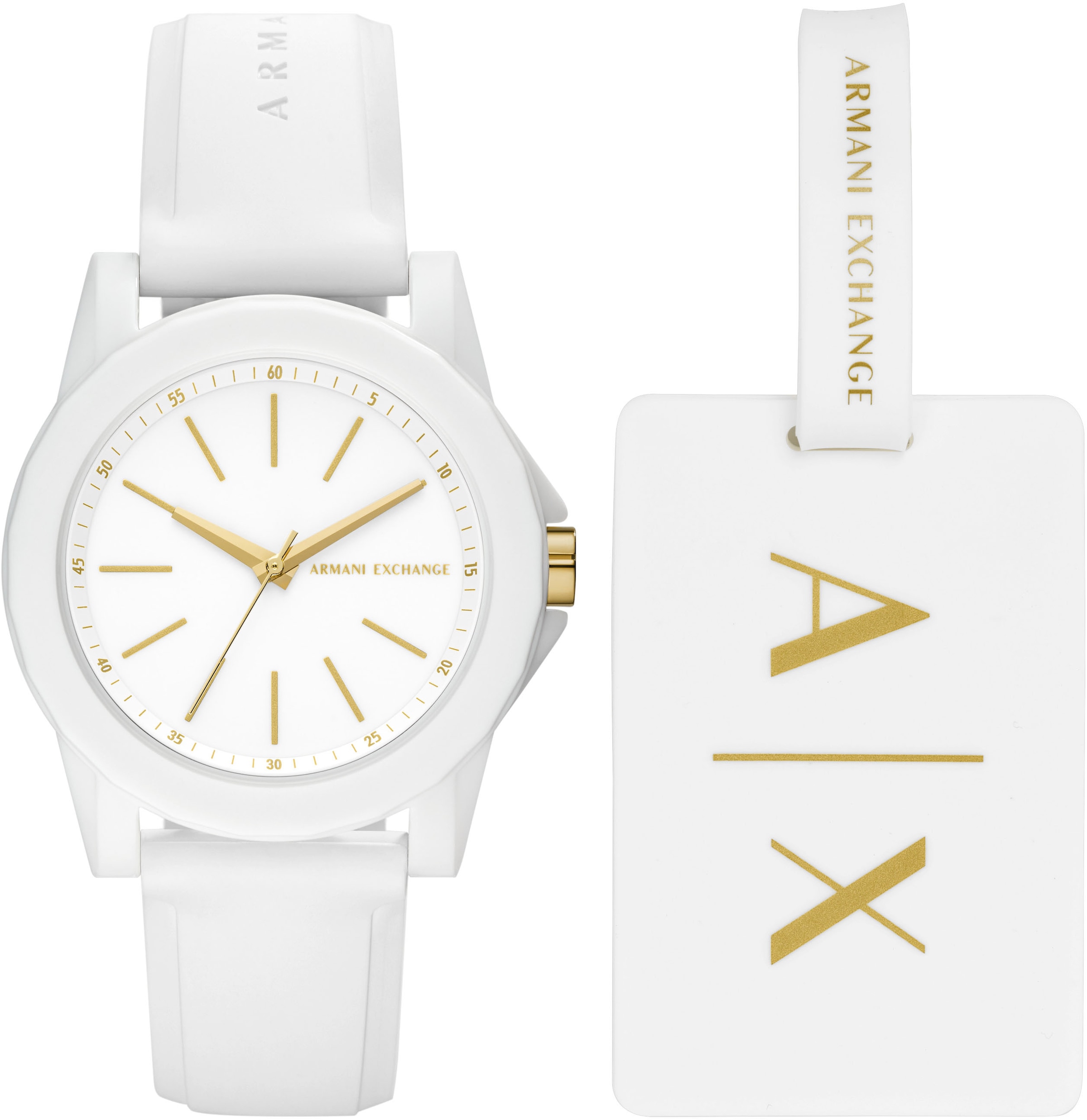 ARMANI EXCHANGE Quarzuhr »AX7126«, (Set, 2 tlg., mit Kofferanhänger), Armbanduhr, Damenuhr, ideal auch als Geschenk