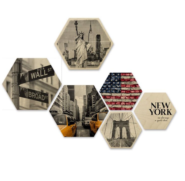 Mehrteilige Bilder »New York Collage Stadt Holzdeko«, (Set, 6 St., Dekorative...