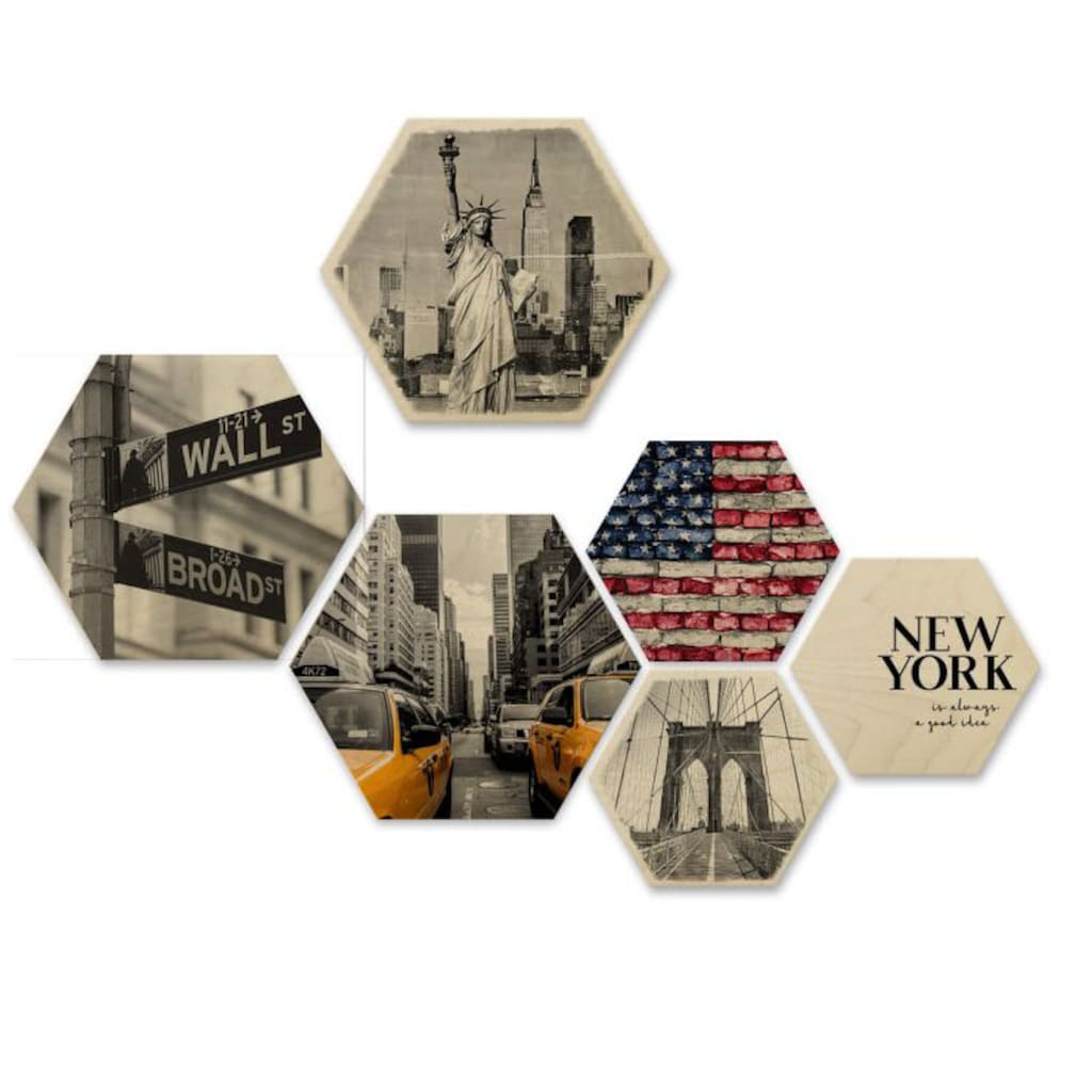 Wall-Art Mehrteilige Bilder »New York Collage Stadt Holzdeko«, (Set, 6 St., Dekorative Wanddekoration), Holzschild Collage