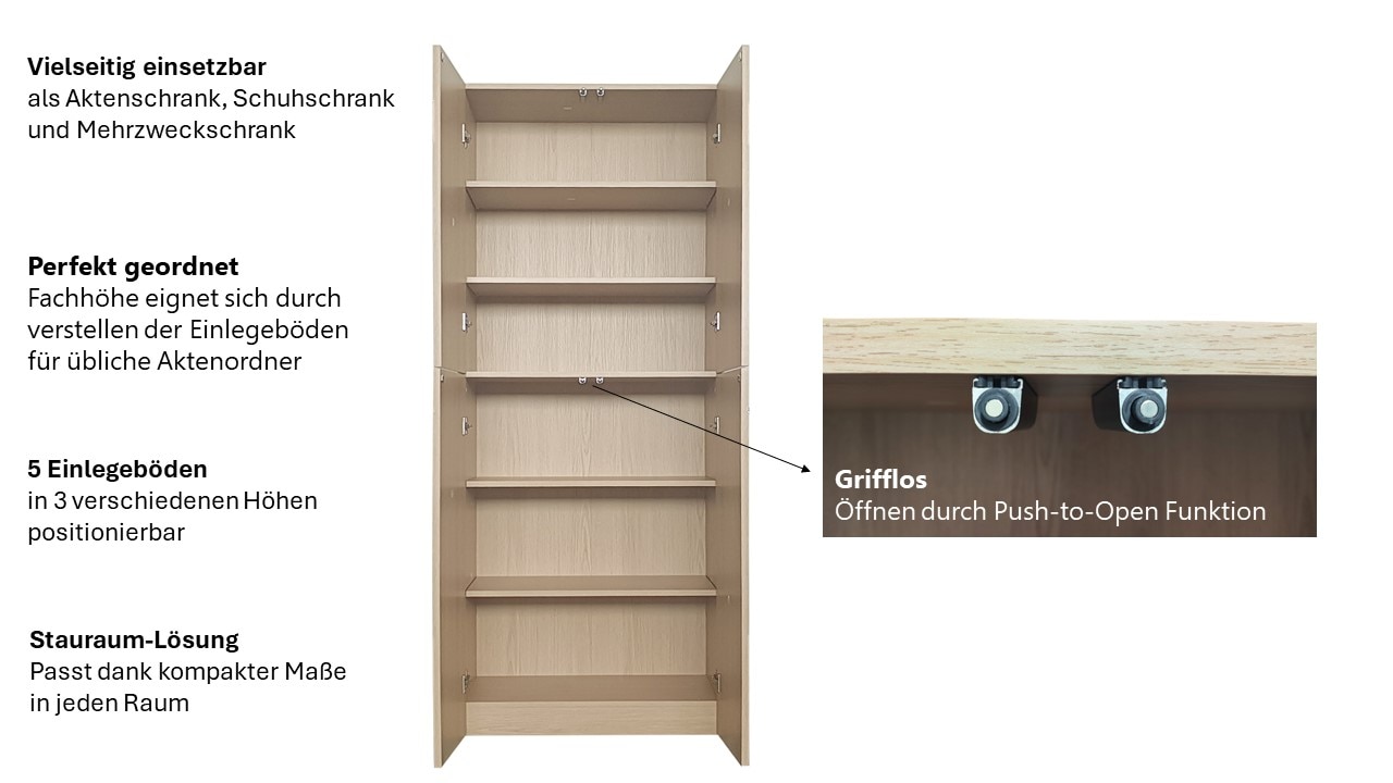 INOSIGN Aktenschrank »Jarvie«, Mehrzweckschrank, Push-to-open, 5 verstellbare Einlegeböden, 60x180 cm