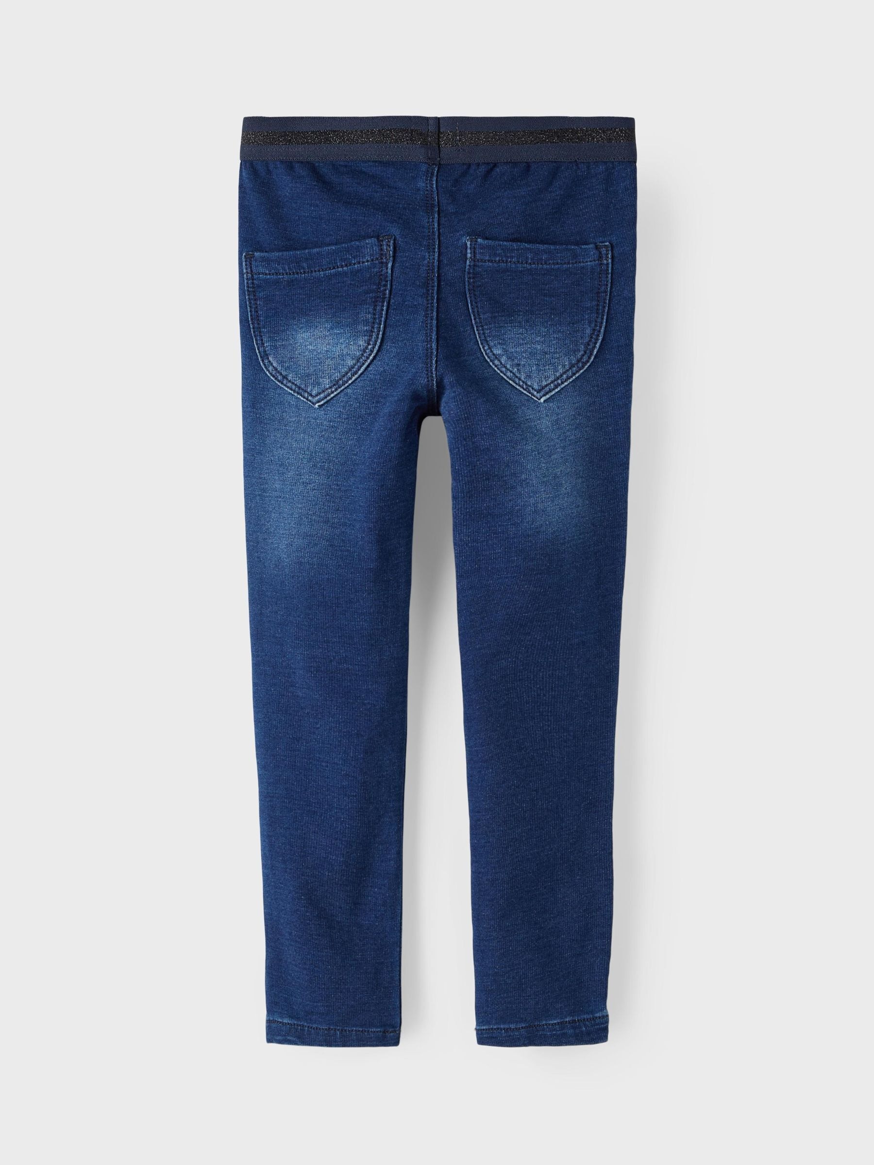 Jeansleggings NAME IT "NMFSALLI SLIM SWE JEANS 1190-BO NOOS", Mädchen, Gr. 98, N-Gr, blau (dunkelblau denim), Sweatware, Obermaterial: 95% Baumwolle, 5% Elasthan, kontrastfarbene Details, leichte Abriebeffekte, unifarben, slim fit lang, Jeans 8