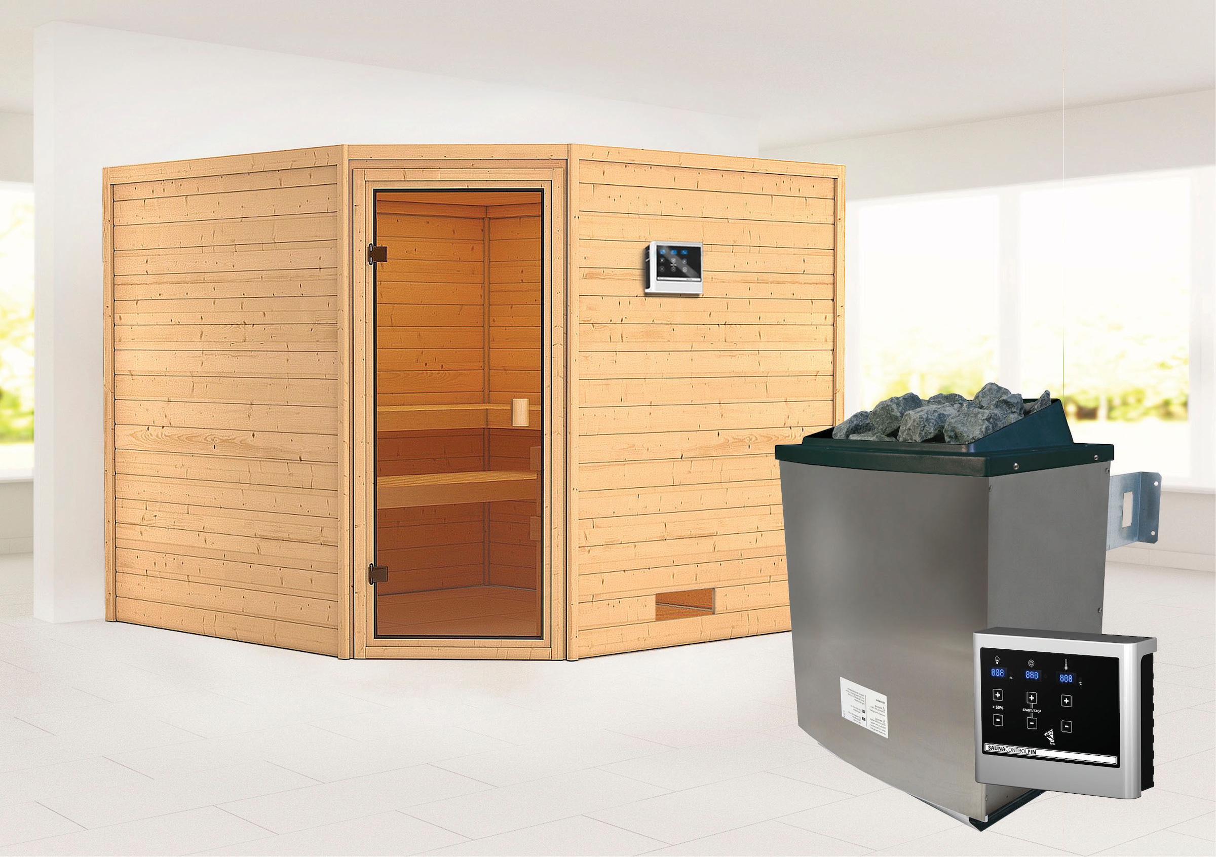 Karibu Sauna ""Leona" mit bronzierter Tür Ofen 9 KW externe Strg modern", aus hochwertiger nordischer Fichte