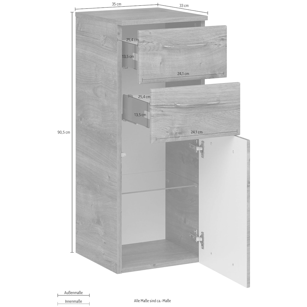 Saphir Unterschrank »Quickset Badschrank mit 1 Tür und 2 Schubladen, 35 cm breit«, Badezimmer-Unterschrank inkl. Türdämpfer, Griffe in Chrom Glanz