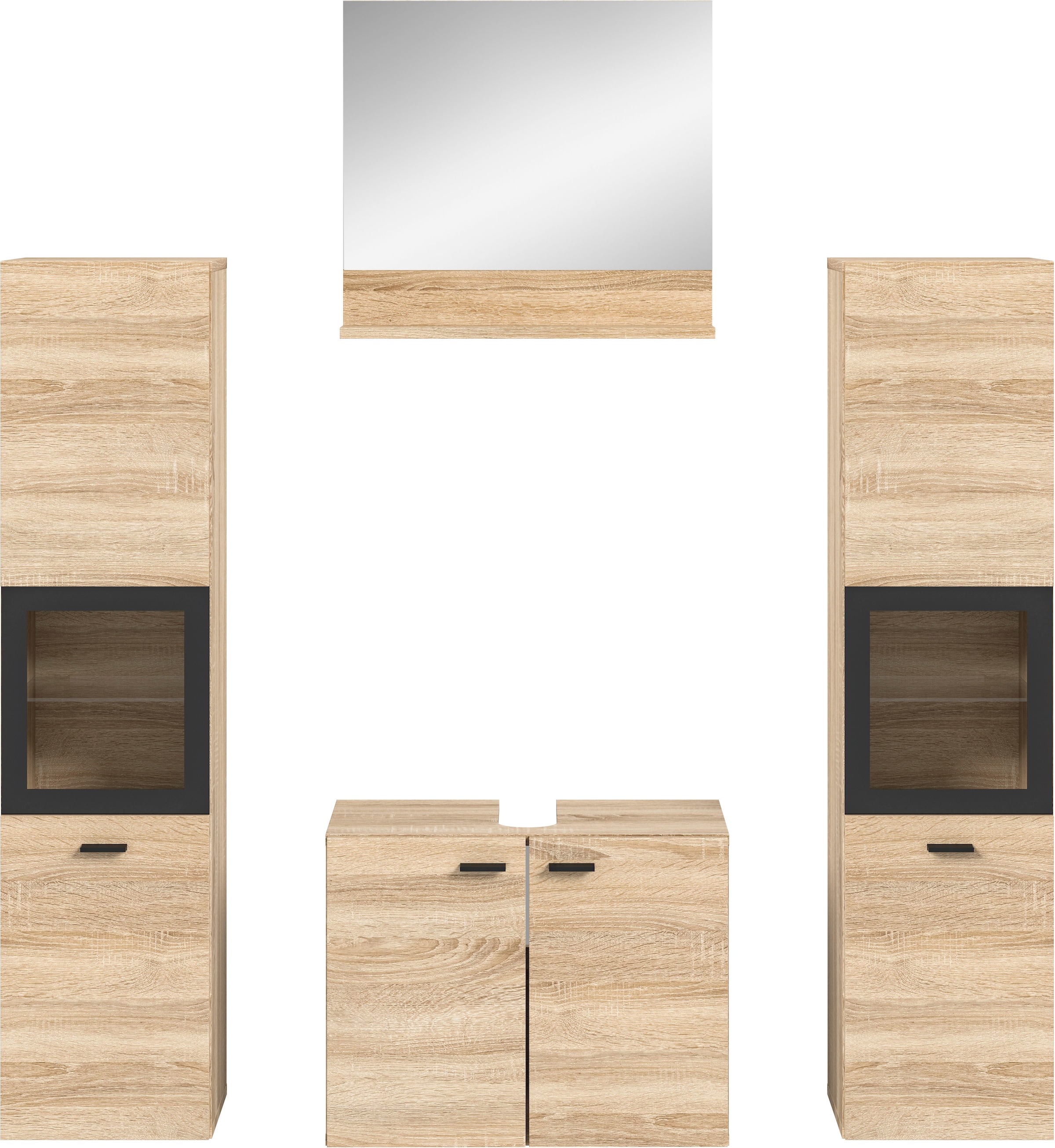 welltime Badmöbel-Set »Tampa, Breite 137cm, 4-teilig«, (4 St.), Waschbeckenunterschrank, Spiegel, Hochschrank