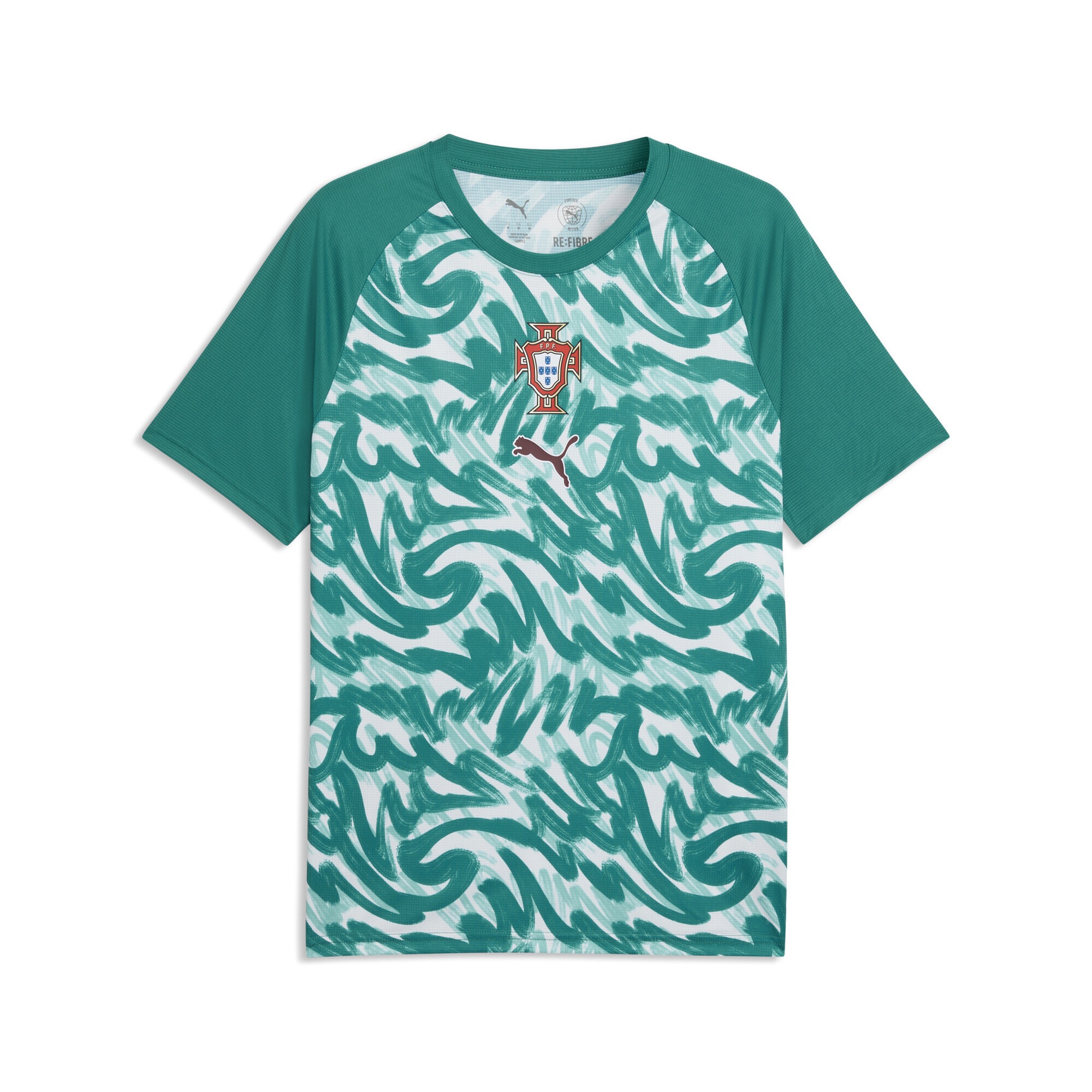 Trainingsshirt PUMA "Portugal Aufwärmtrikot Herren", Damen, Gr. L, grün lagoon ruby shimmer rot, Obermaterial: 100% Polyester, clean, slim fit, Rundhals, Shirts