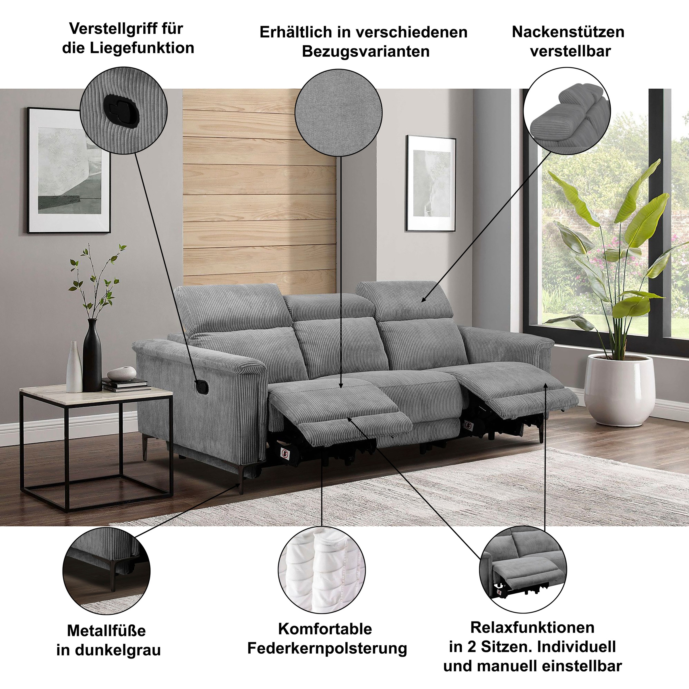 Thumbnail - Home affaire 3-Sitzer "Lund Cord, mit manueller o. elektrischer Relaxfunktion in 2 Sitzen," USB-C, Kopfteilverstellung, ...
