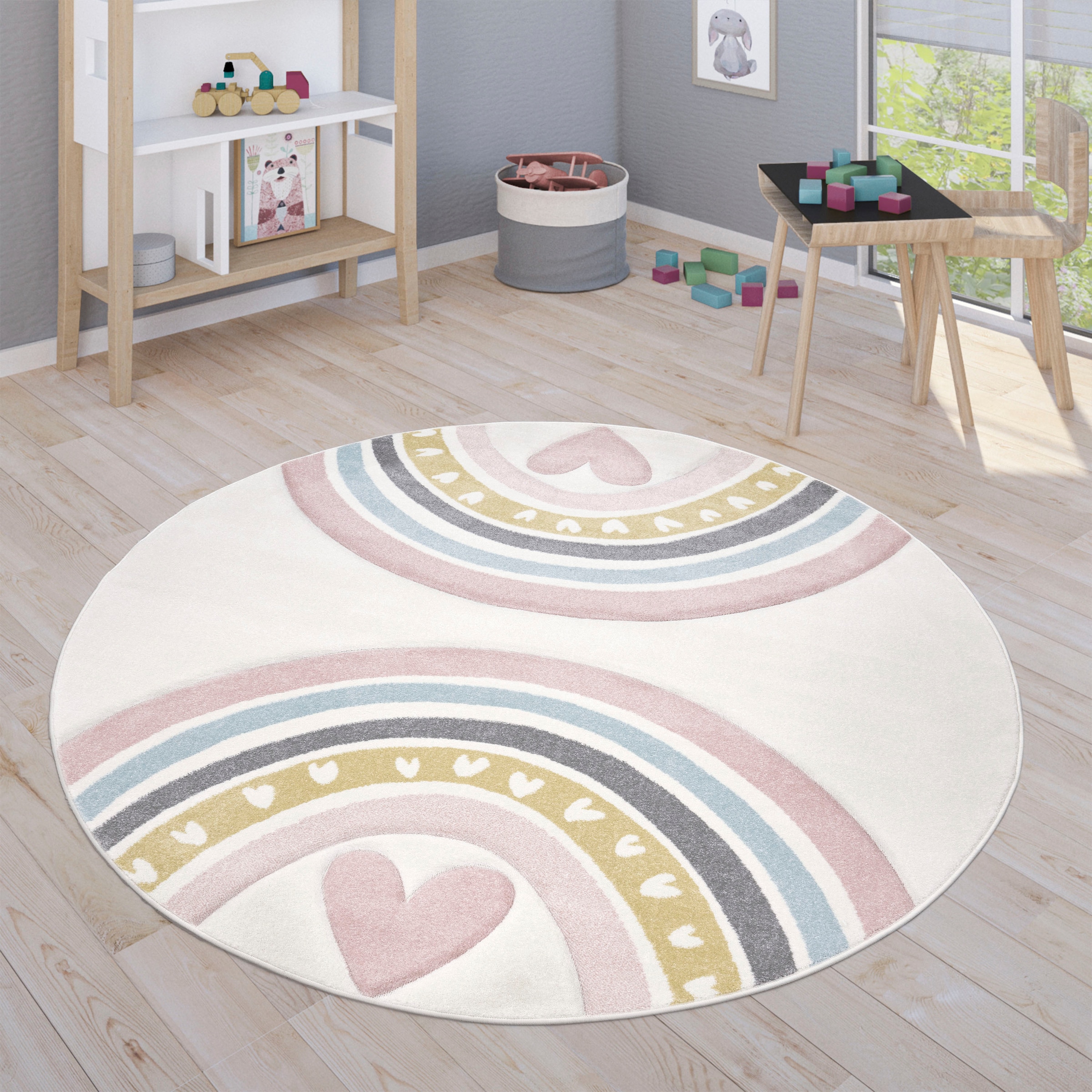 Paco Home Kinderteppich »Cosmos 351«, rund, Kurzflor, Spielteppich, Motiv Regenbogen & Herz, Kinderzimmer